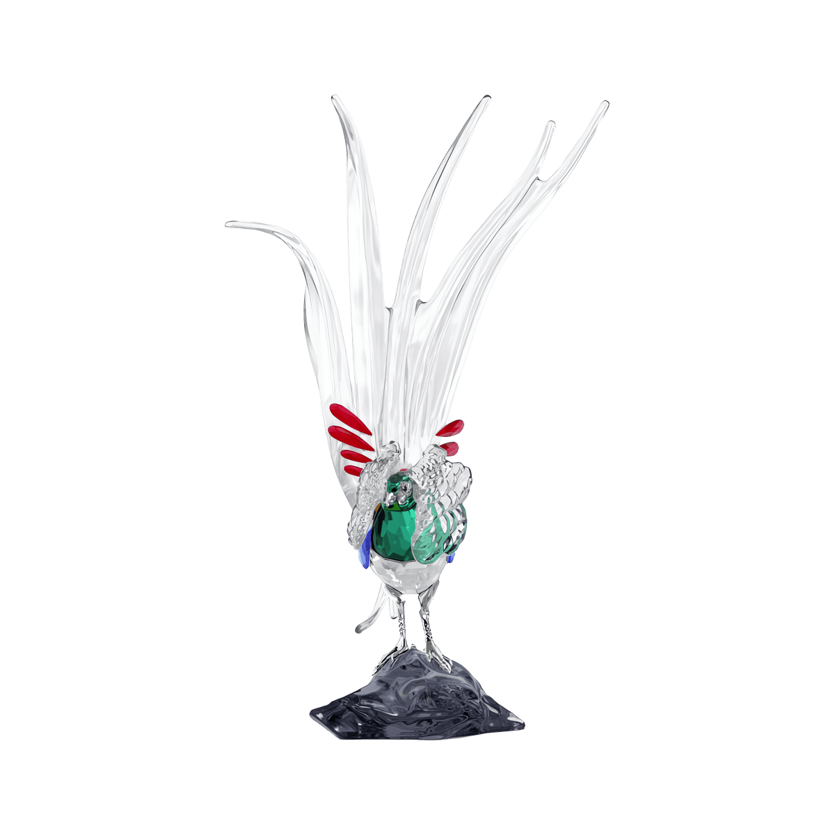 The Swarovski Idyllia SCS Annual Edition 2026 Lady Amherst’s Pheasant by Swarovski is a crystal figurine featuring a green chest, red wings, a clear body, and long, clear feathery tail plumes. It stands on a textured glass base against a white background.