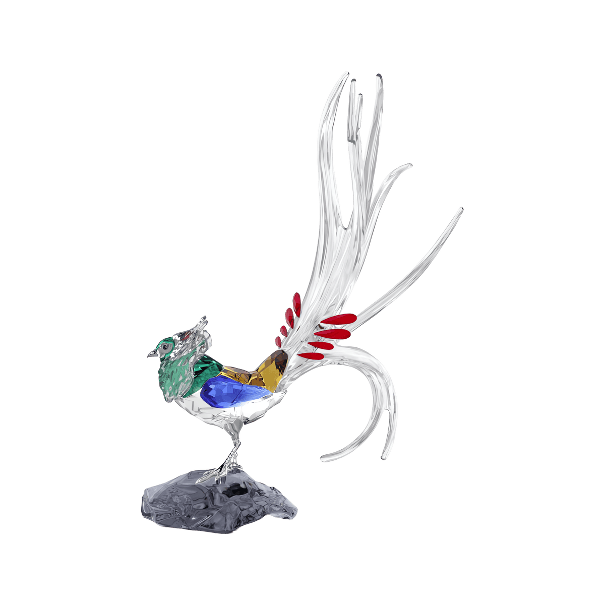 The Swarovski Idyllia SCS Annual Edition 2026 Lady Amherst’s Pheasant is a crystal figurine inspired by the striking Lady Amherst’s pheasant, crafted by Swarovski with a vivid green head, blue chest, yellow wings, red accents, and long clear tail feathers, poised elegantly on a textured gray base.