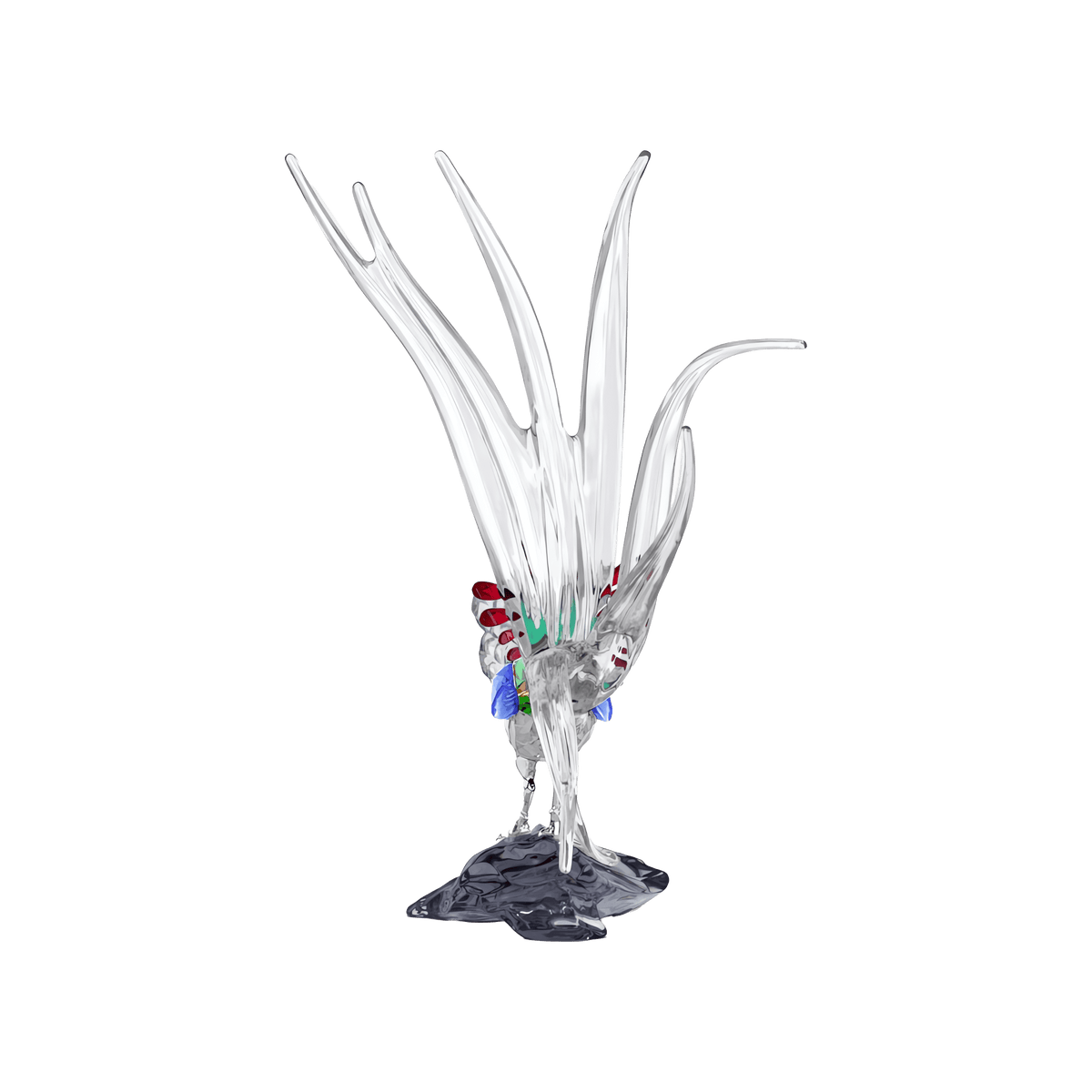 The Swarovski Idyllia SCS Annual Edition 2026 Lady Amherst’s Pheasant figurine features tall, branching clear crystal spikes accented with vibrant colors inspired by Lady Amherst’s pheasant, all set on a dark, irregular base and displayed against a plain white background.