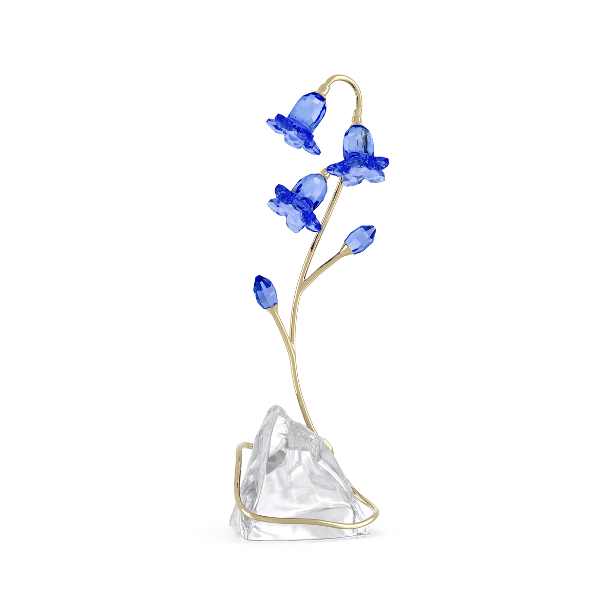 The Swarovski Florere Blue Bellflower by Swarovski showcases delicate bluebell-shaped crystal flowers with gold-toned stems, arranged on a clear, faceted crystal base against a white background—an exquisite piece of home décor or an ideal floral gift.