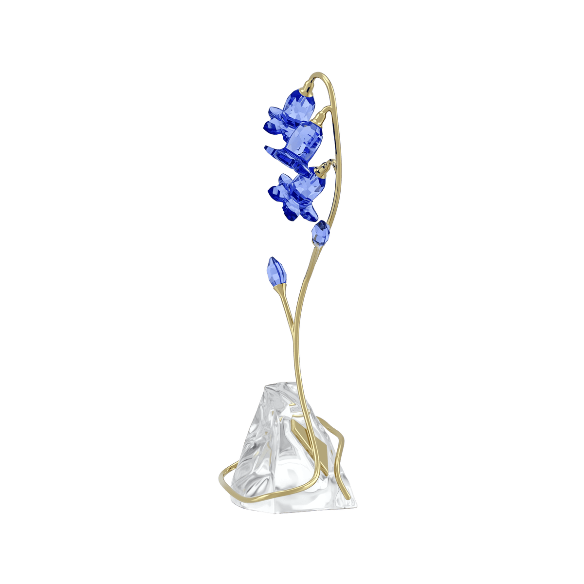 The Swarovski Florere Blue Bellflower by Swarovski features a gold wire sculpture of a flower with bluebell crystal petals and buds, elegantly set on a clear, faceted crystal base—a stunning piece of home décor or a thoughtful floral gift, beautifully displayed against a plain white background.