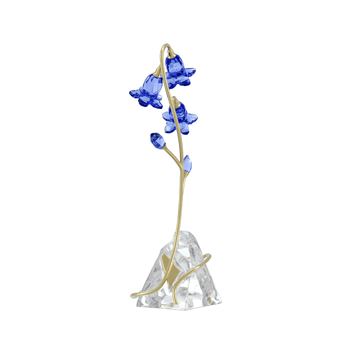 The Swarovski Florere Blue Bellflower by Swarovski is a delicate crystal glass sculpture featuring a blue flower with gold stem and leaves, set on a faceted clear crystal base—an exquisite piece perfect for home décor or as an elegant floral gift.