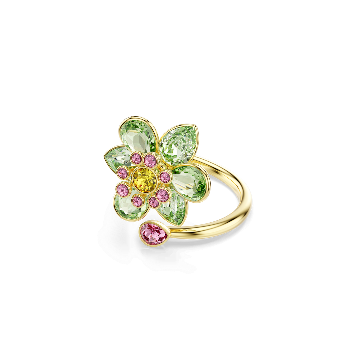 The Swarovski Idyllia open ring showcases a stunning flower motif in an 18K gold finish, featuring green and yellow gemstones alongside delicate pink crystal accents, with a larger pink gemstone highlighting the band.