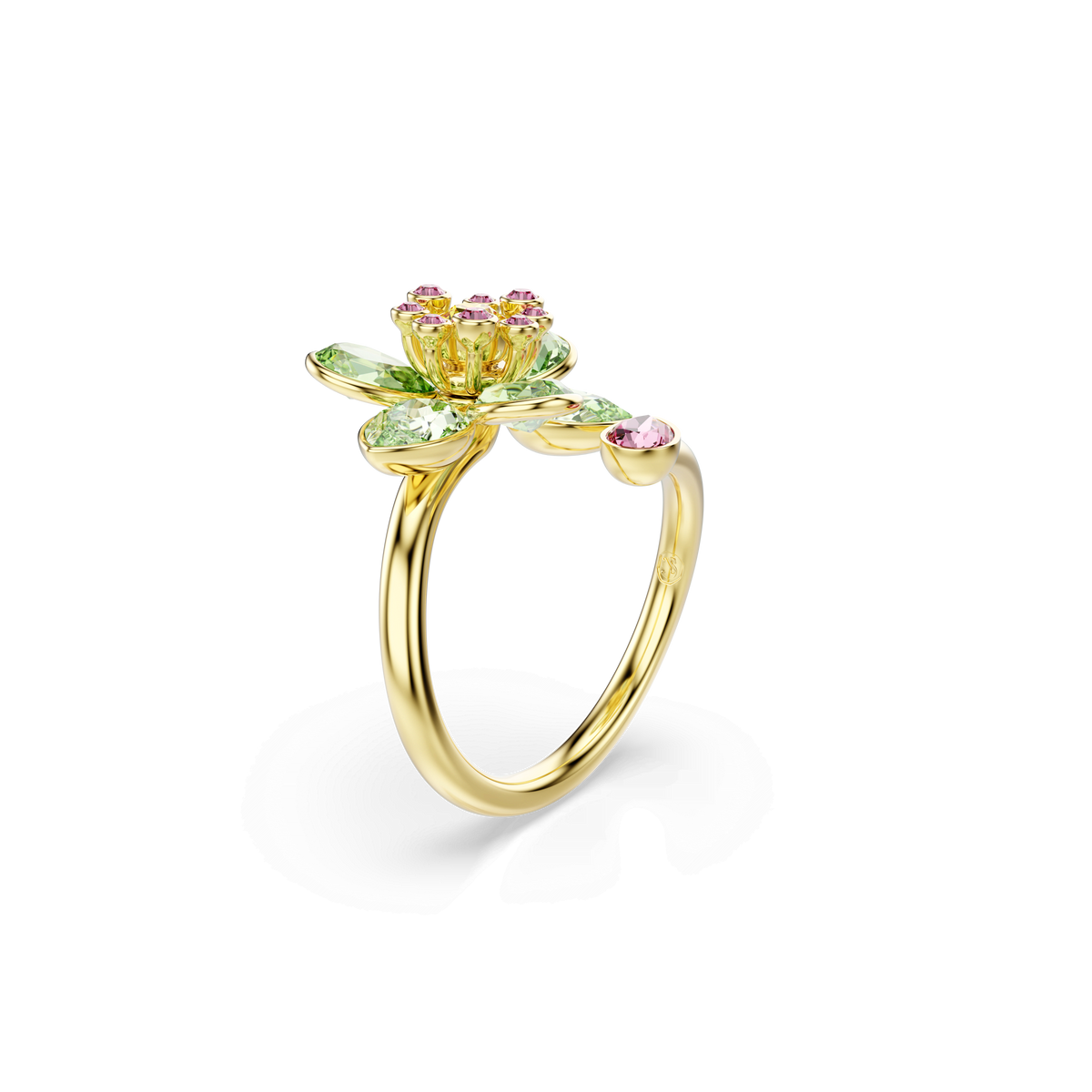 The Swarovski Idyllia open ring showcases a stunning flower motif with green petals and sparkling mixed-cut crystals, accented by pink gemstones and elegantly finished in 18K gold, beautifully displayed on a white background.