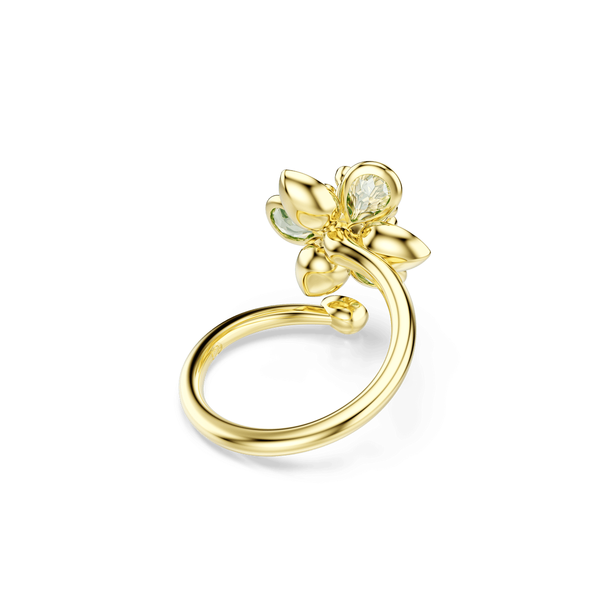 The Swarovski Idyllia open ring, crafted with an 18K gold finish, showcases a unique swirling band and features a flower motif adorned with mixed cut crystals and green gemstones, beautifully displayed on a plain white background.