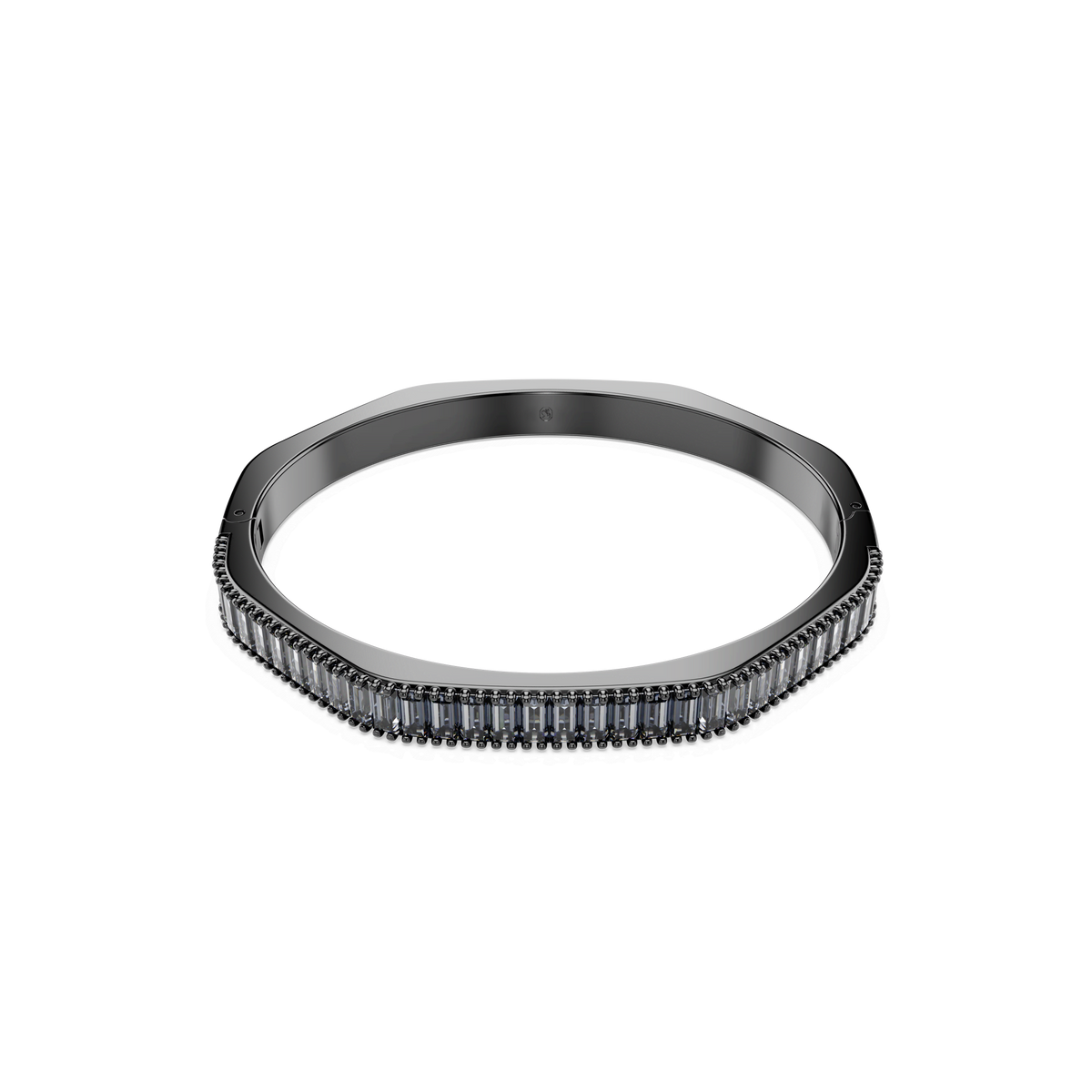 A delicate, black octagonal Swarovski Matrix Bangle (Style Number: [please insert style number]) featuring small, evenly spaced dark stones set along one edge is showcased on a plain white background. Available at Raffi Jewellers—your trusted source for Swarovski Canada.