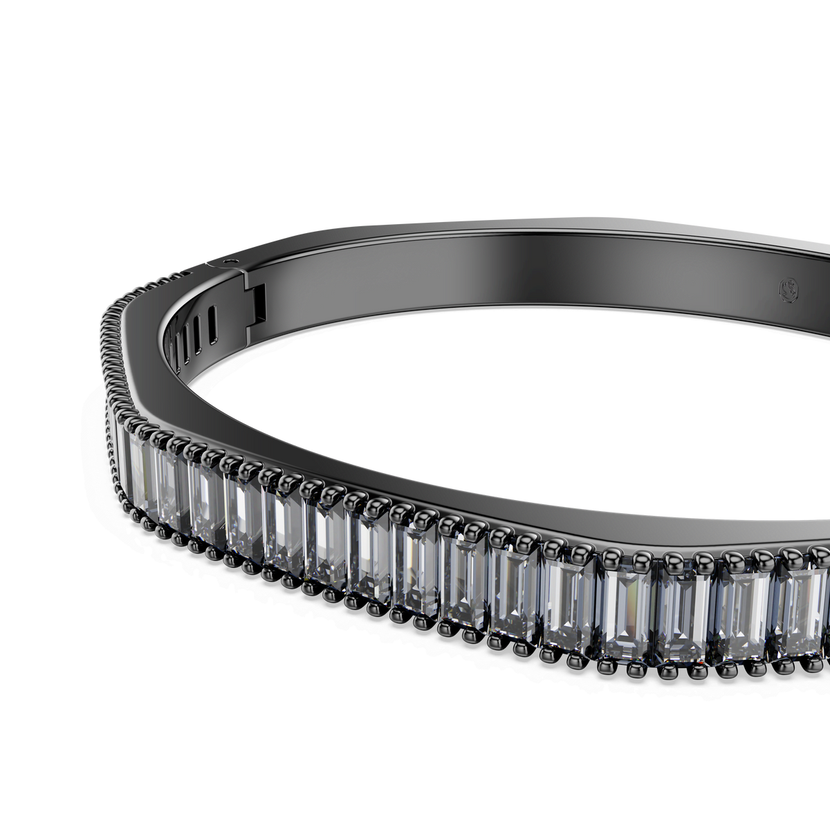 A sophisticated black metal Swarovski Matrix Bangle, featuring a single row of closely set rectangular clear crystals, is elegantly displayed against a white background. Find this exquisite piece at Raffi Jewellers, an authorized retailer for Swarovski Canada.