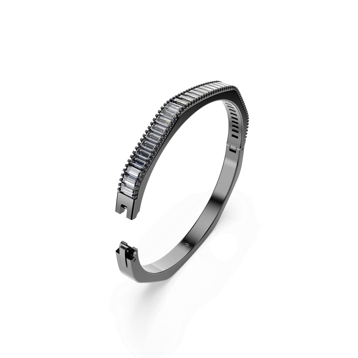 The Swarovski Matrix Bangle, offered by Raffi Jewellers, features a sleek silver design with rectangular clear gemstones set along the top. Displayed against a white background, this partially open bracelet showcases a modern, minimalist aesthetic—making it an elegant addition to any Swarovski Canada collection.