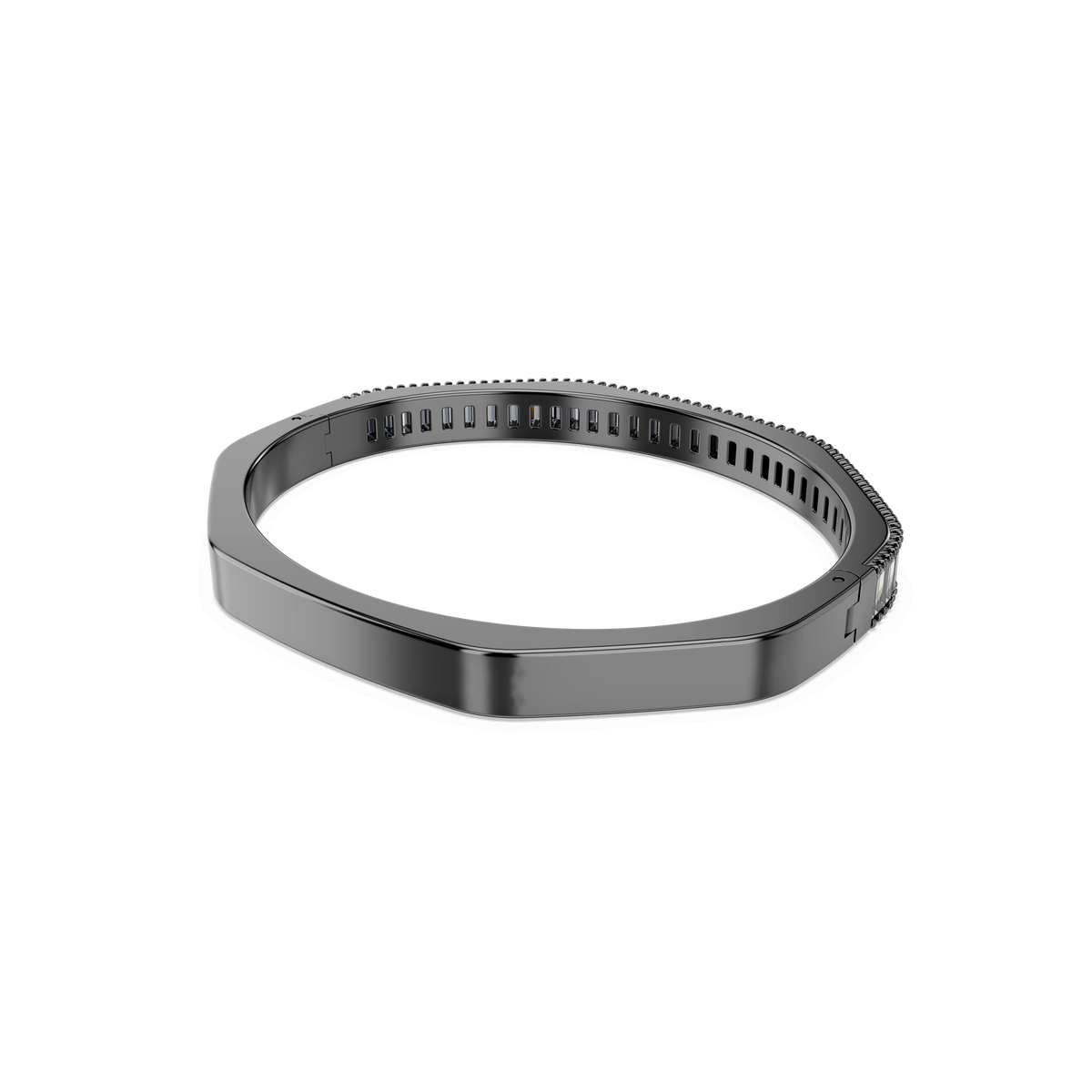 A sleek, dark gray Swarovski Matrix Bangle with a polygonal design and adjustable strap, shown on a white background—available from an authorized Swarovski retailer.