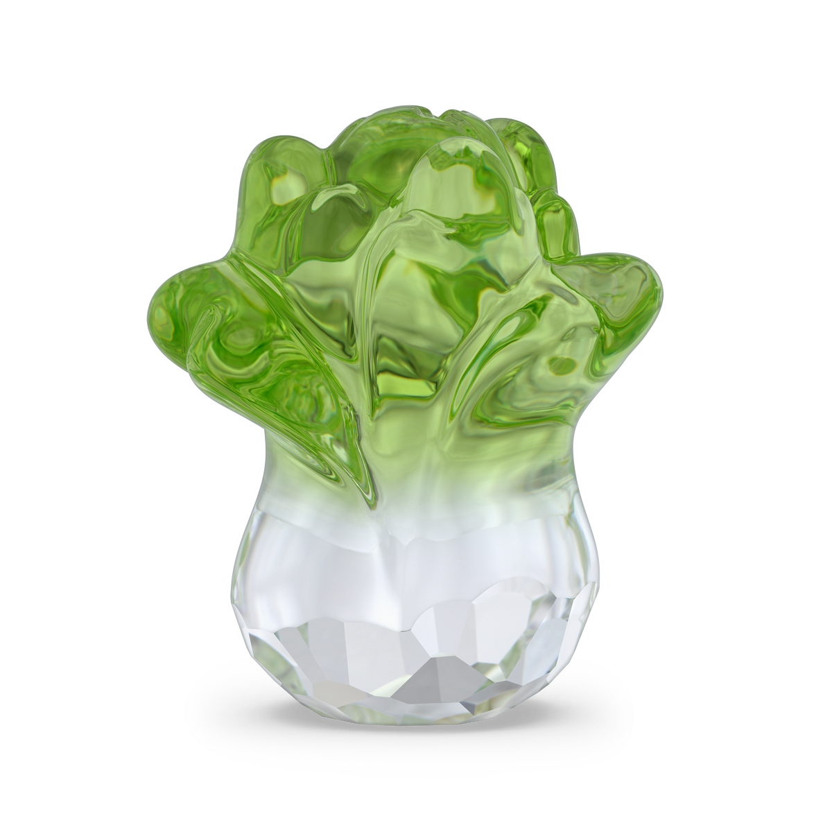 A Swarovski Asian Symbols Fortune Cabbage glass sculpture, featuring a vibrant green leafy top and a clear, faceted base, is displayed against a plain white background. This refined collectible highlights Swarovski’s signature craftsmanship and is frequently offered by Raffi Jewellers.