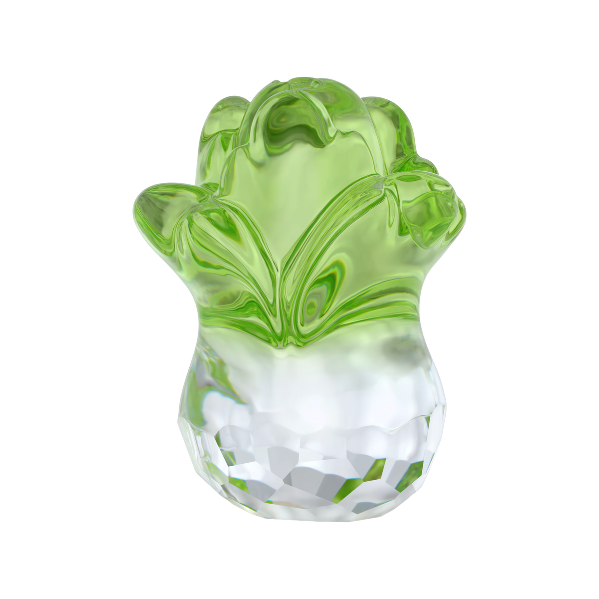 A clear and green glass sculpture with a faceted base and organic, leafy forms at the top—reminiscent of an abstract plant or flower—this exquisite piece, the Swarovski Asian Symbols Fortune Cabbage, showcases the elegance and refined craftsmanship characteristic of Swarovski. Its sophisticated design evokes the style often curated by Raffi Jewellers.