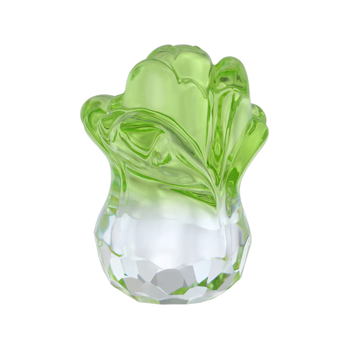 The Swarovski Asian Symbols Fortune Cabbage, offered by Swarovski, is a small glass sculpture resembling a green bok choy or cabbage. It features detailed leaves with a clear faceted base and a smooth, translucent green top, reflecting Raffi Jewellers’ dedication to elegance and craftsmanship.