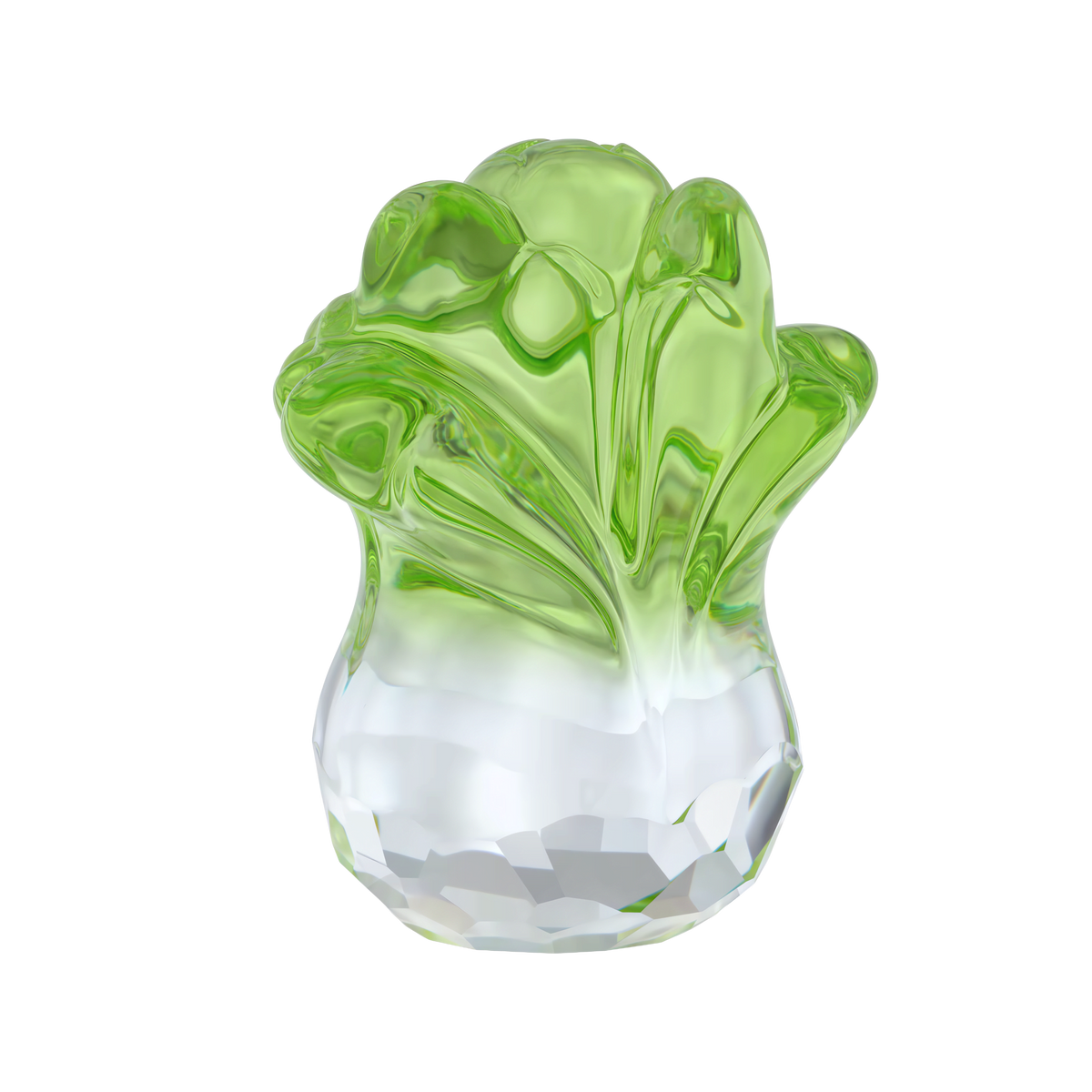 The Swarovski Asian Symbols Fortune Cabbage, featuring a gleaming green top and a clear white base, is showcased against a plain white background—an elegant collectible from Swarovski, evoking the refined taste associated with Raffi Jewellers’ exquisite offerings.