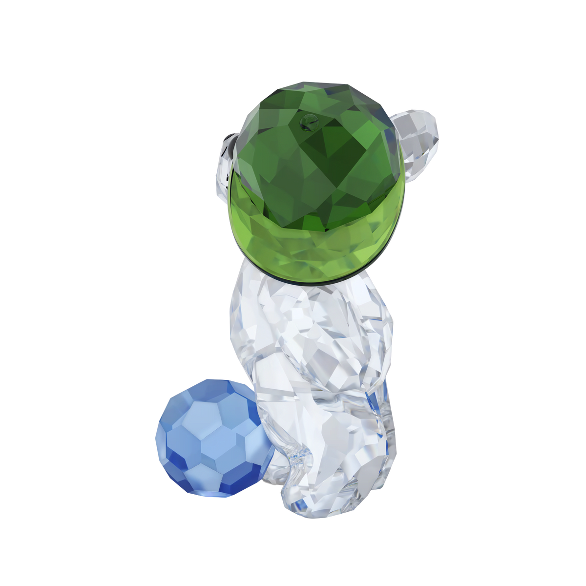 The Swarovski Kris Bear Goal Scorer Bear by Swarovski is a charming crystal figurine featuring a sitting bear with a clear body, blue faceted tail, and round green head, beautifully displayed on a white background—making it an ideal unique sports gift or soccer collectible.