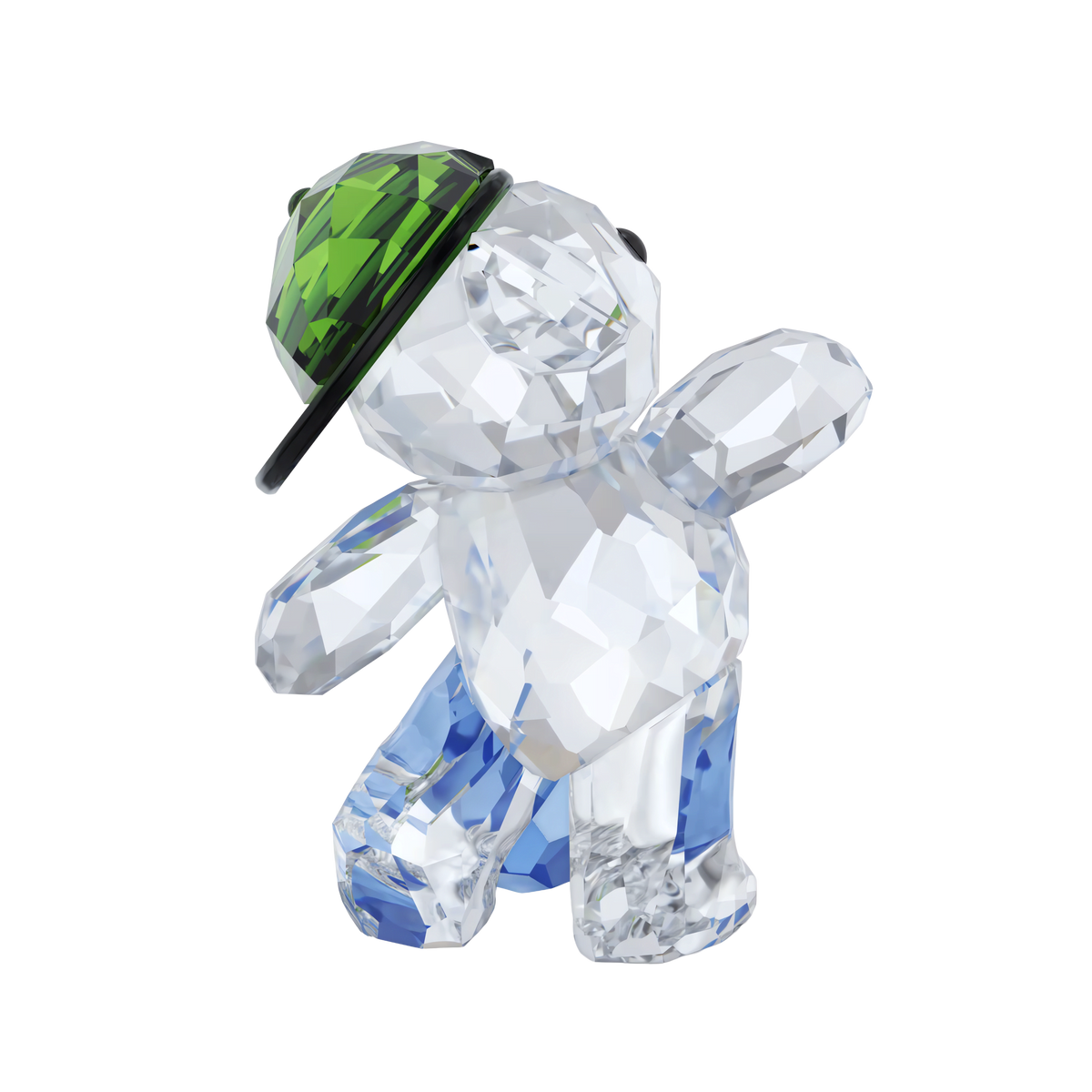 The Swarovski Kris Bear Goal Scorer Bear by Swarovski features a charming figurine wearing a green and black cap with blue detailing on its legs, displayed on a white background—perfect as a soccer collectible or a unique sports-themed gift.
