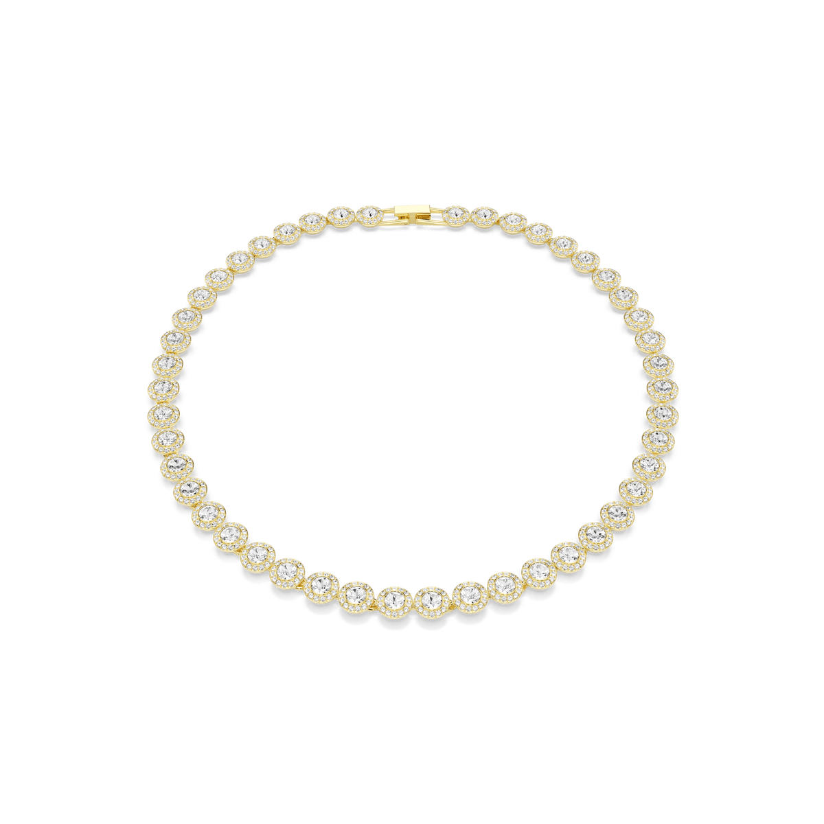 The Swarovski Una Angelic necklace features evenly spaced, round-cut white crystals set along the entire length of its 18K gold-finish chain, forming a complete circle, and is displayed on a plain white background.