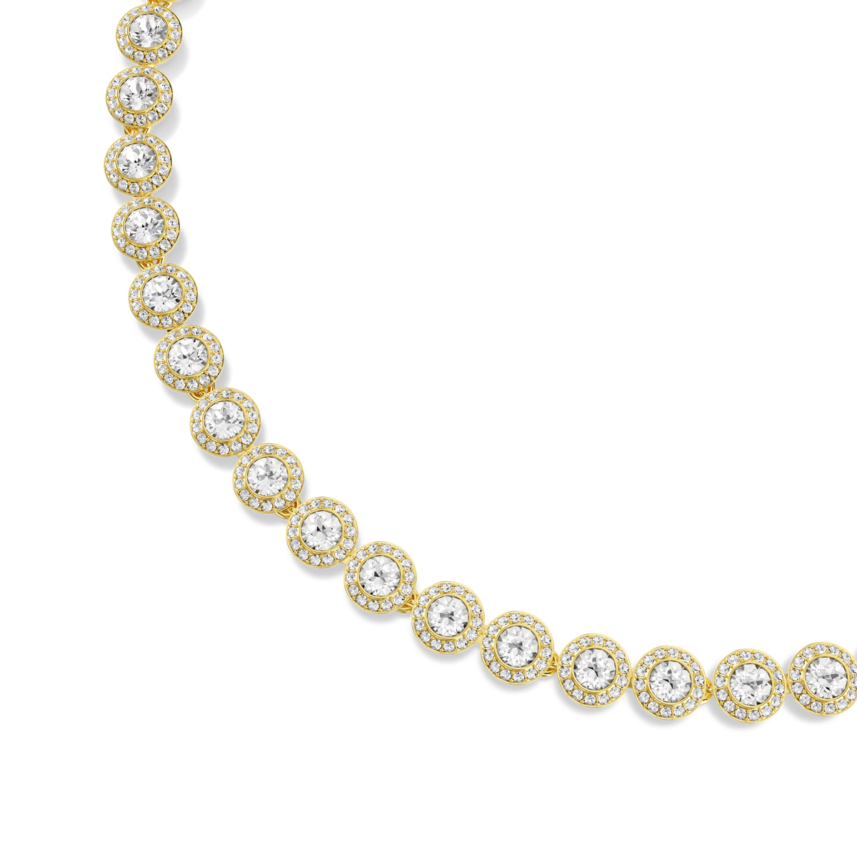 The Swarovski Una Angelic necklace features round-cut white crystals set in individual circular settings, beautifully arranged in a partial arc and finished with 18K gold.