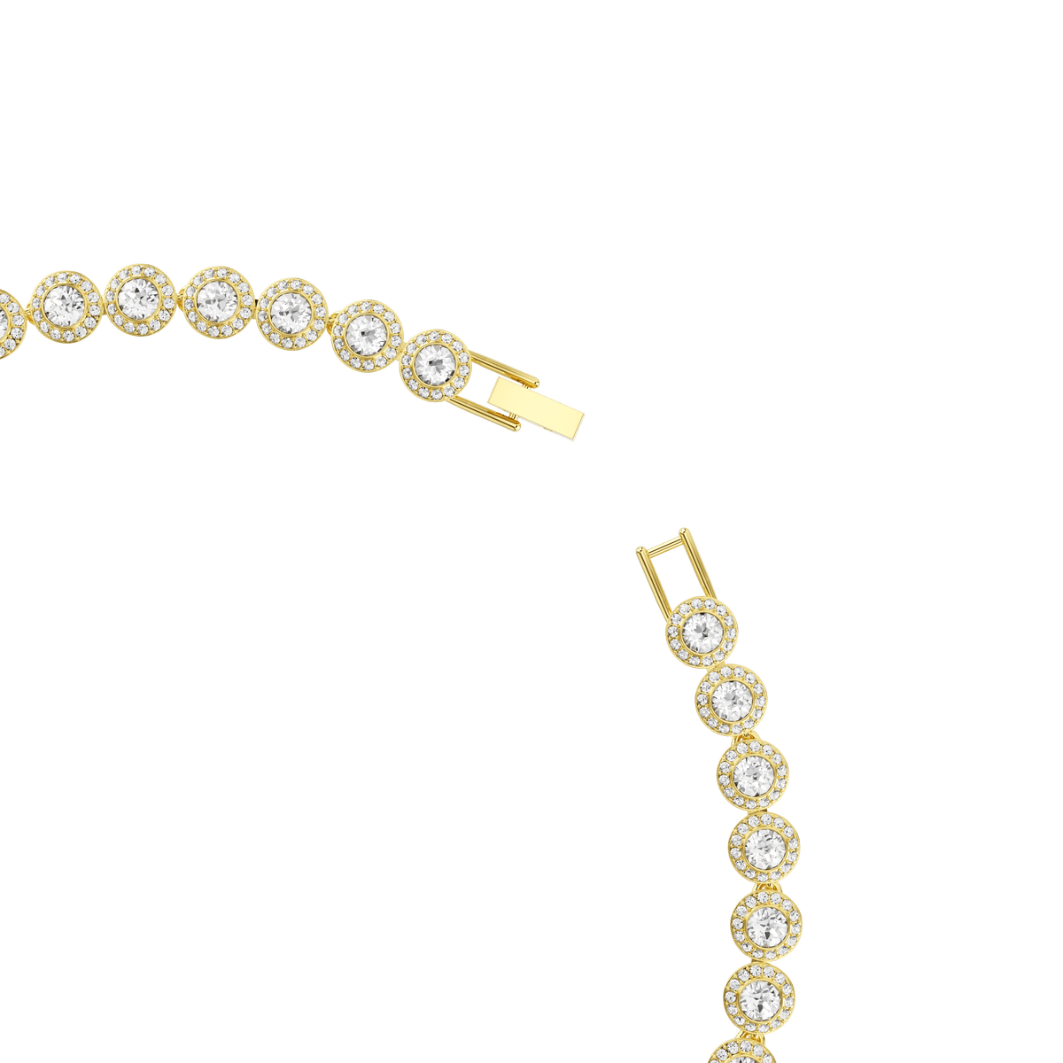 Gold tennis bracelet with round diamonds and a luxurious gold finish, shown partially unfastened on a white background. Pairs beautifully with the Swarovski Una Angelic necklace, featuring brilliant round-cut white crystals and an elegant 18K gold finish from Swarovski, or other accessories with similar round-cut designs.
