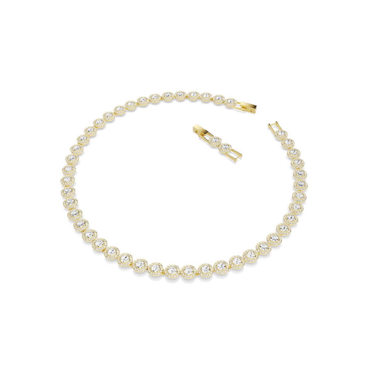 A Swarovski Una Angelic necklace with round-cut white crystals, each beautifully set and arranged along the chain, displayed on a white background. The necklace features a radiant 18K gold finish and is unclasped to show both ends.