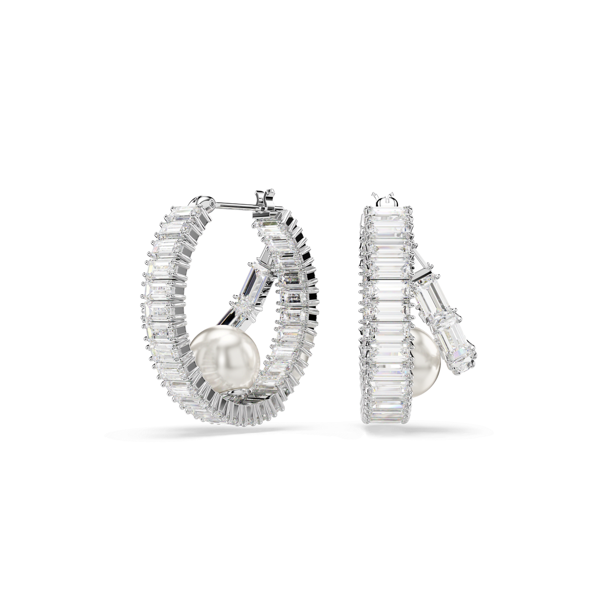 A pair of Swarovski Ariana Grande x Swarovski hoop earrings in white, featuring rhodium plating, crystal pearls, and asymmetric baguette-cut gemstones, displayed on a white background.