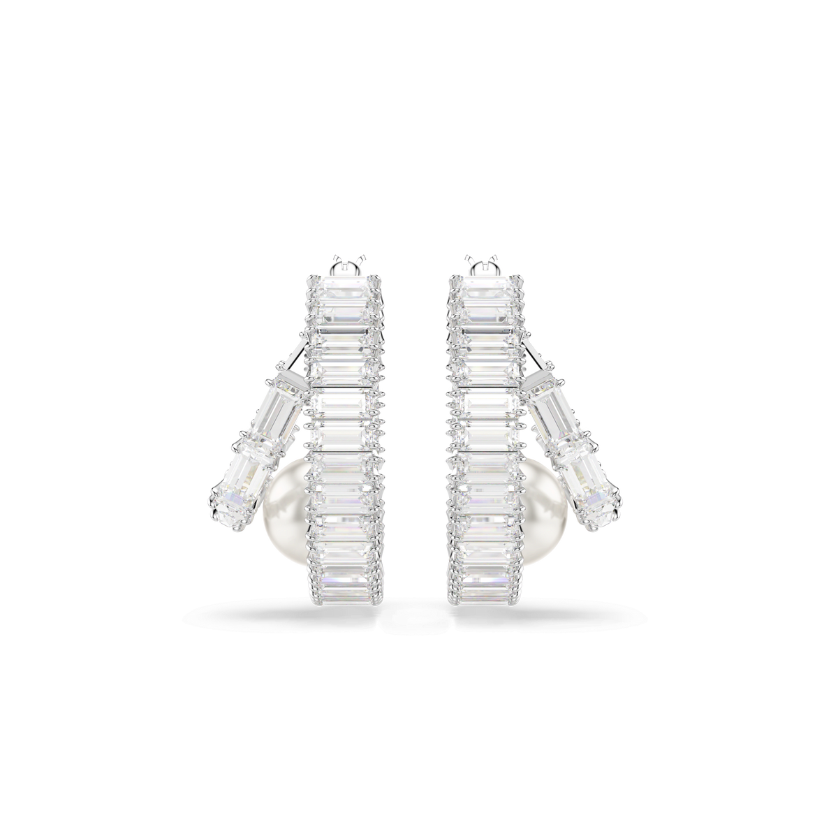 A pair of Swarovski Ariana Grande x Swarovski hoop earrings featuring rows of white baguette-cut crystals with crystal pearl accents at the base, set against a plain white background.