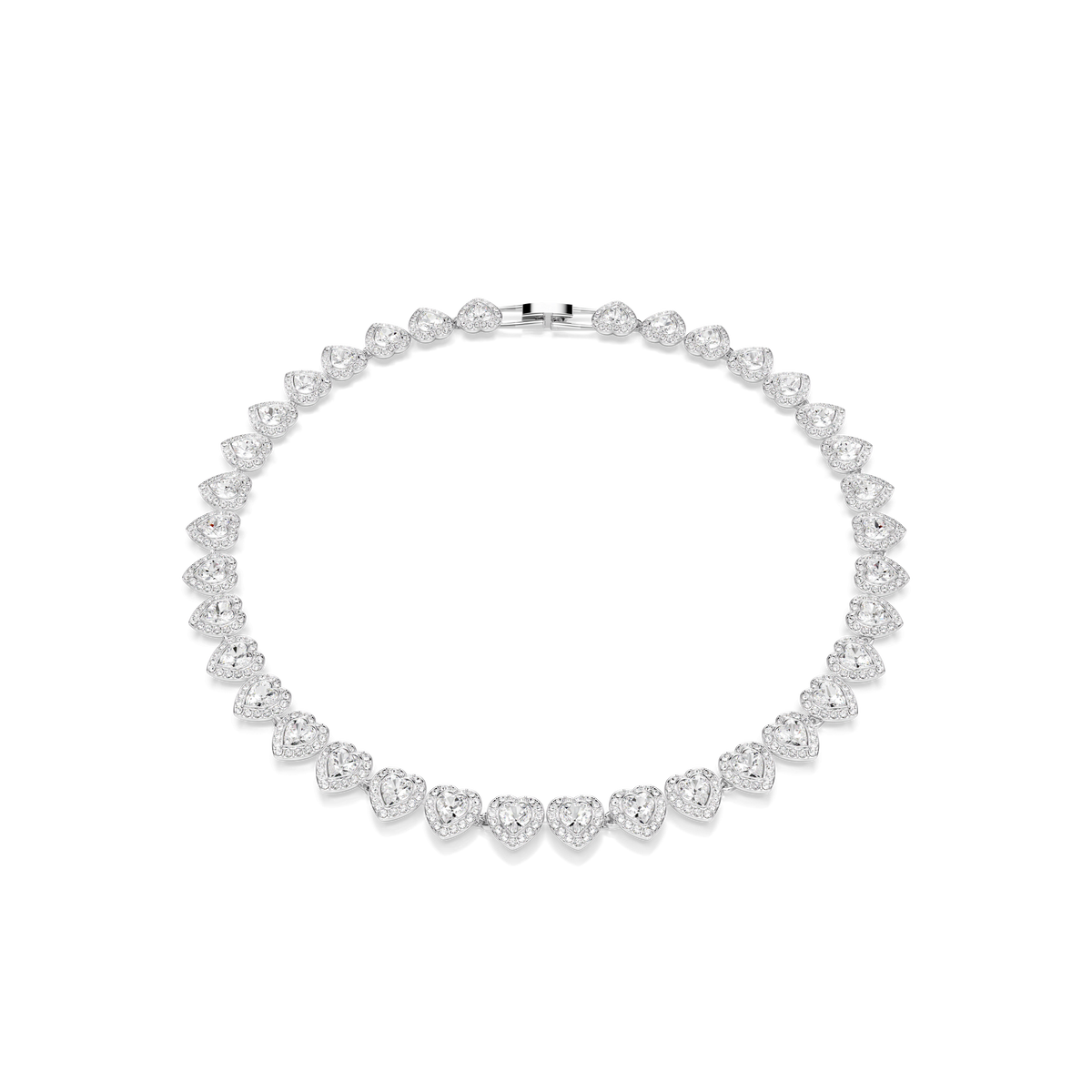 A Swarovski Ariana Grande x Swarovski necklace with a heart-shaped design, featuring mixed cut white crystals set on a rhodium plated chain, is displayed against a plain white background.