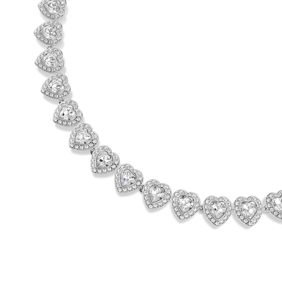 Introducing the Swarovski Ariana Grande x Swarovski necklace: a dazzling rhodium-plated piece showcasing heart-shaped mixed-cut white crystals, each surrounded by smaller sparkling stones and elegantly arranged in a row for a radiant look.