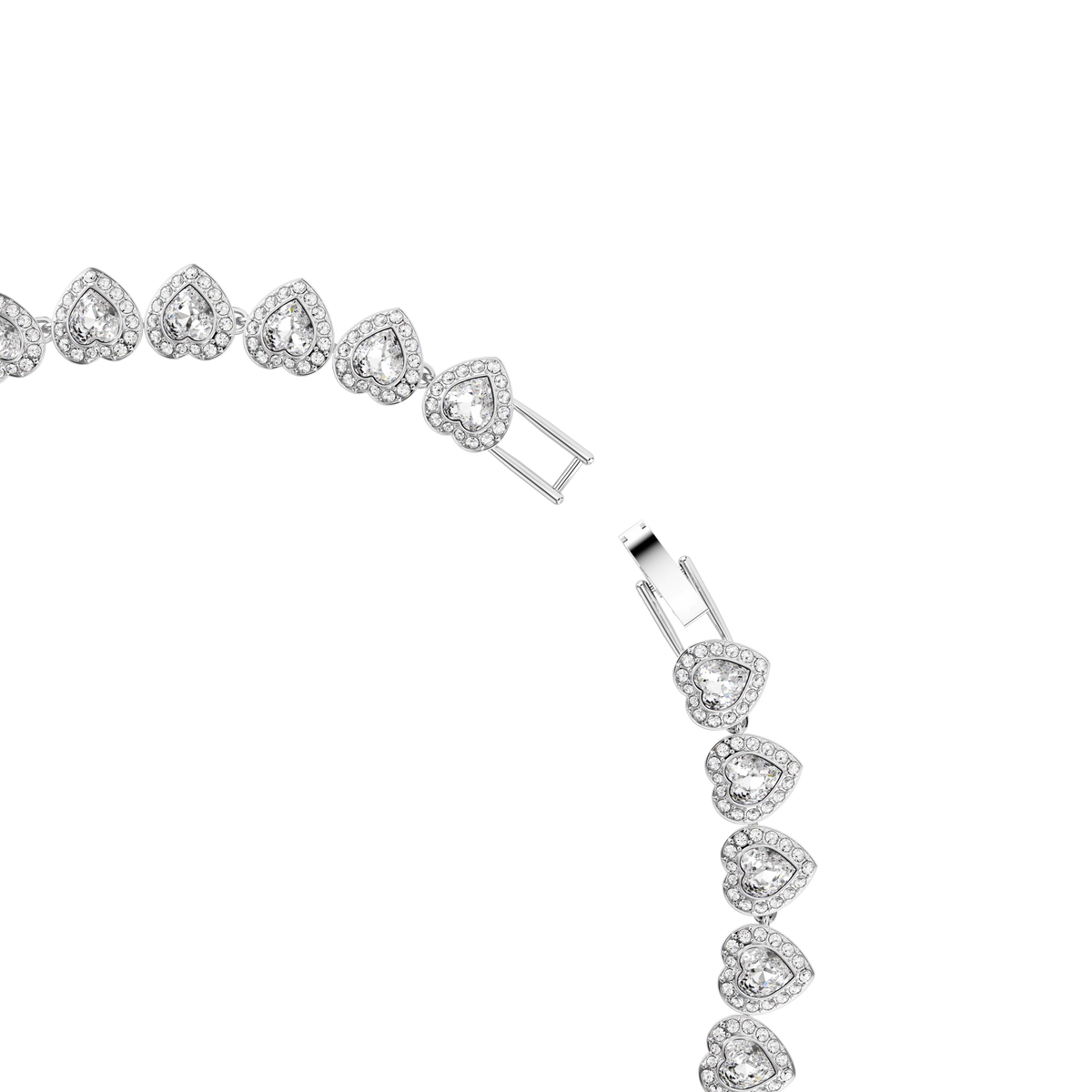 The Swarovski Ariana Grande x Swarovski necklace, featuring heart-shaped mixed cuts in white and finished with rhodium plating, is displayed in a partial circle on a white background with one end of the clasp left unattached.