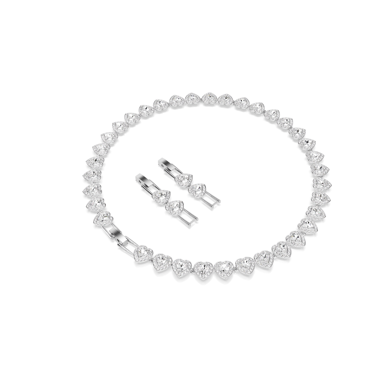 A Swarovski Ariana Grande x Swarovski necklace, featuring a heart-shaped mixed-cut white crystal and rhodium plating, displayed on a white background.