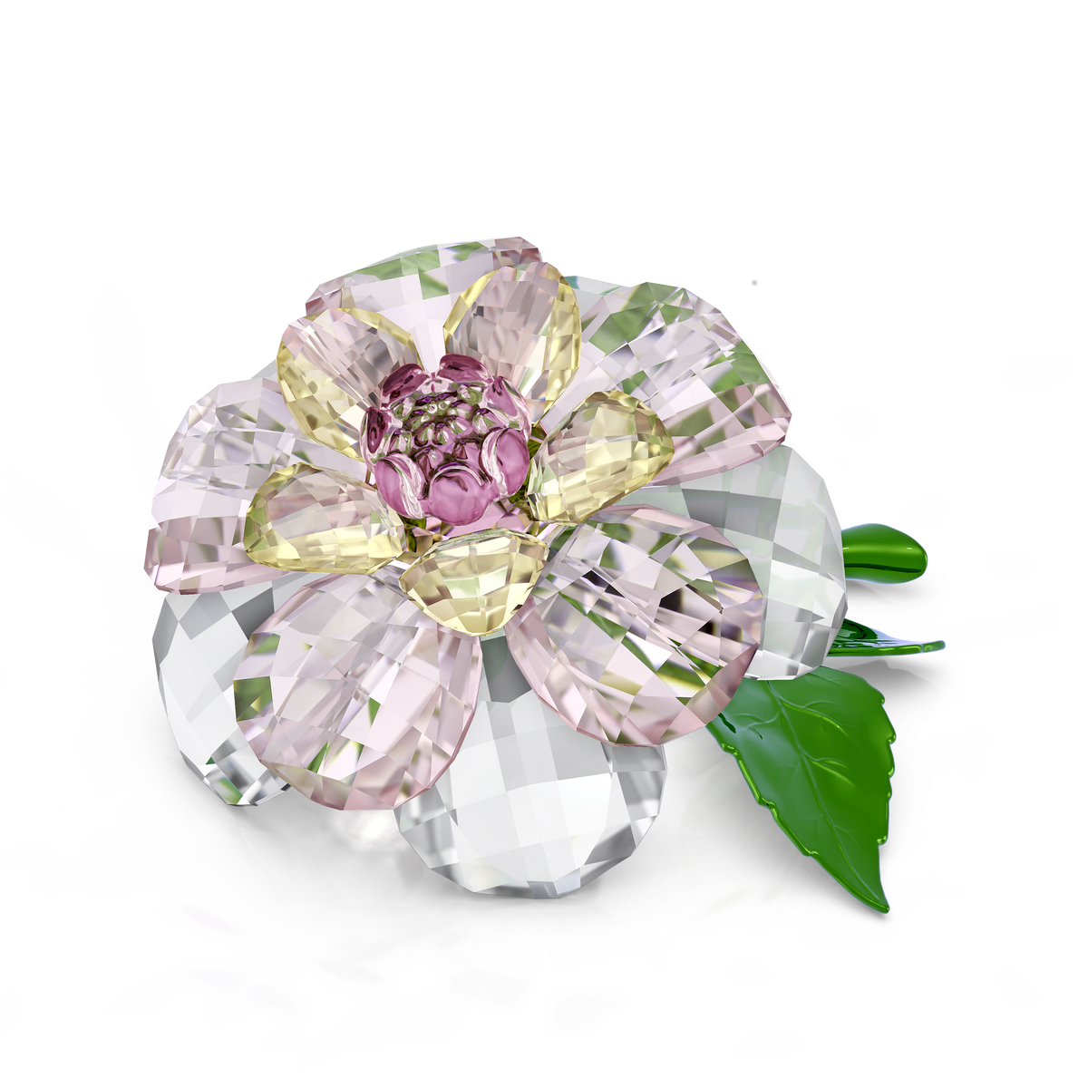 The Swarovski Florere Camellia by Swarovski is a crystal flower figurine featuring faceted pink, yellow, and clear petals with a green leaf, beautifully displayed against a white background.