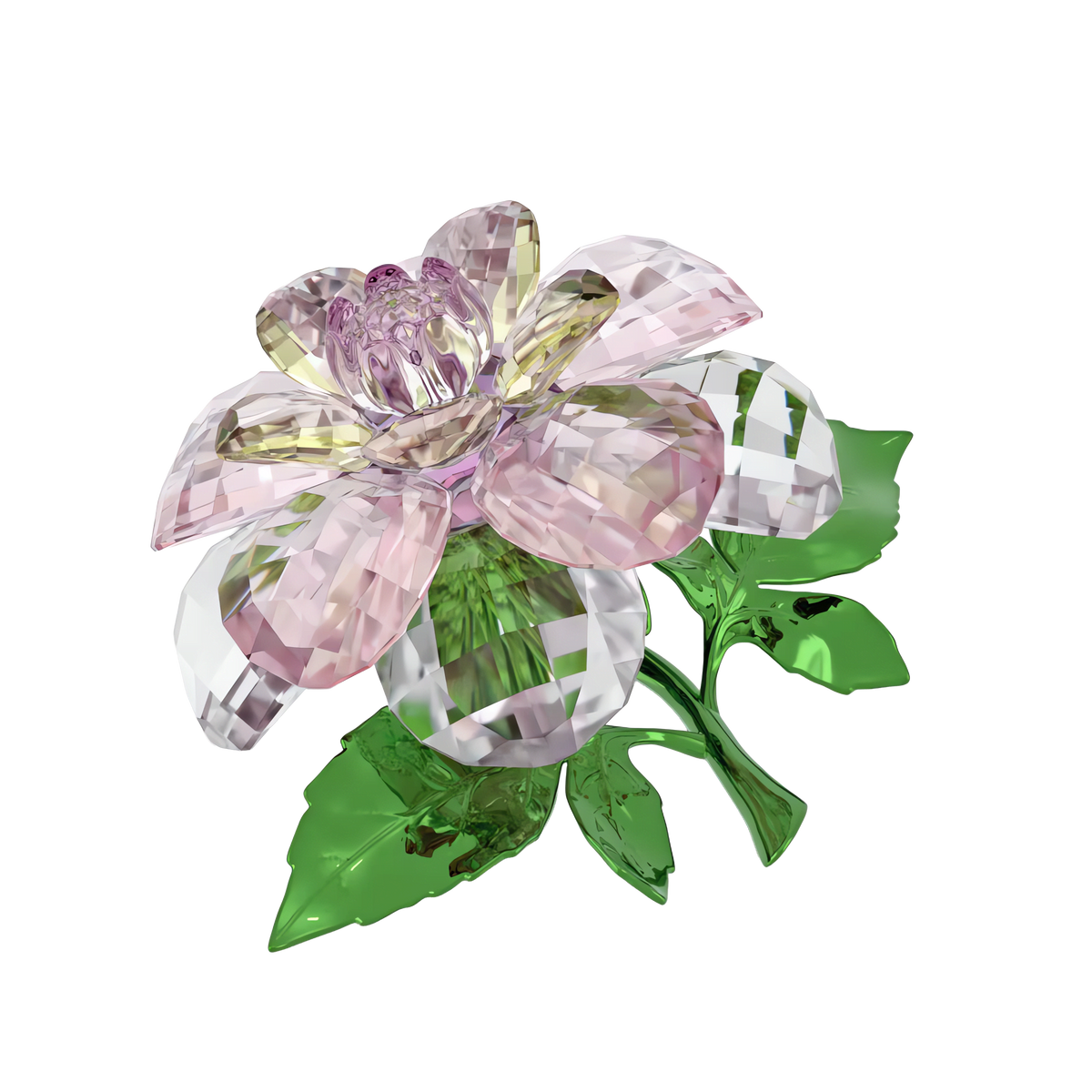 The Swarovski Florere Camellia by Swarovski showcases a delicate, faceted crystal flower with pink petals and green leaves, elegantly displayed on a white background. This exquisite decoration features an intricate design, resulting in a sparkling and vibrant appearance.