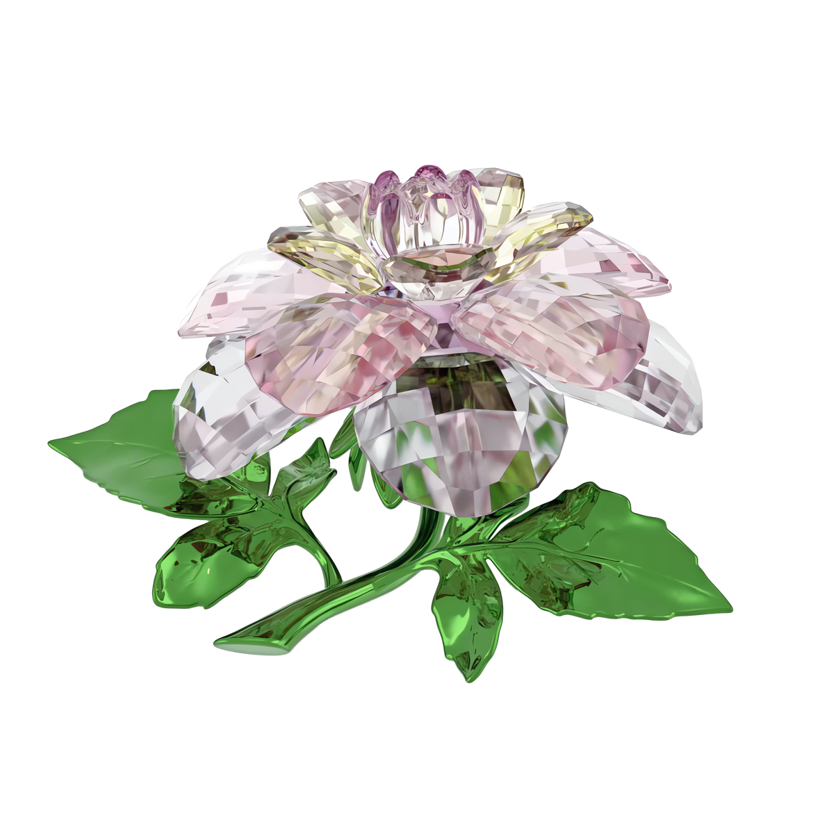 The Swarovski Florere Camellia by Swarovski features faceted pink and clear crystal petals, complemented by a green stem with leaves, and is presented on a white background—a graceful decoration that makes an exquisite floral gift.