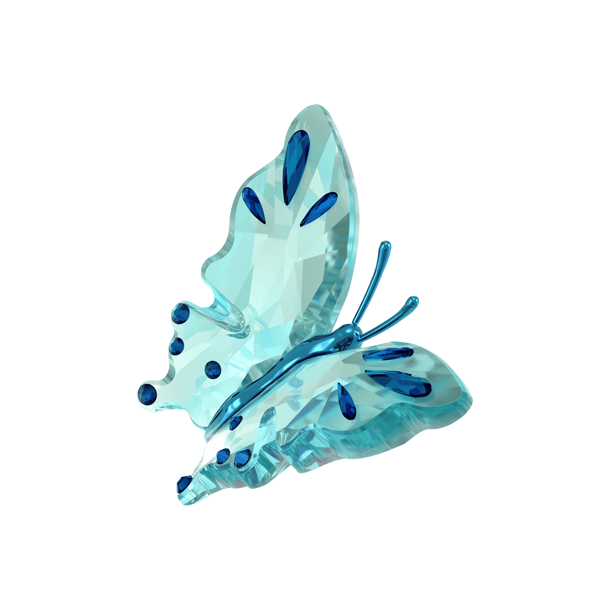 A translucent, light blue Swarovski Idyllia Butterfly, Turquoise glass figurine with deep turquoise accents on its wings by Swarovski, displayed on a plain white background.