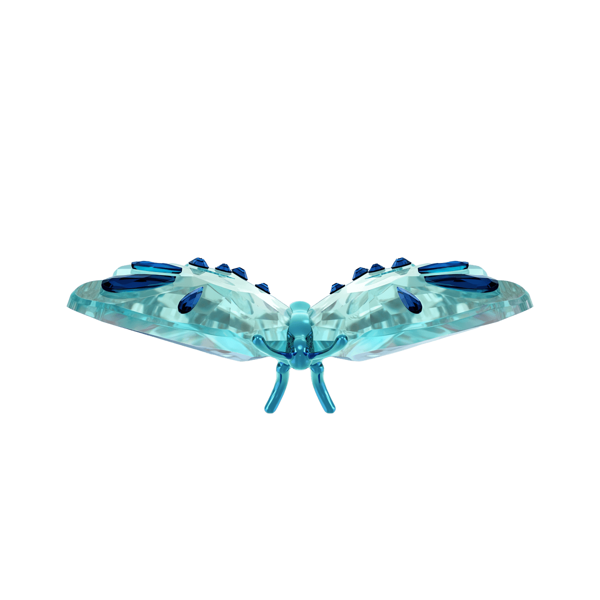 A Swarovski Idyllia Butterfly in turquoise by Swarovski, featuring delicately outstretched wings, is showcased from the front against a simple white background—an exquisite choice for butterfly collectors or those who appreciate fine blue crystal figurines.
