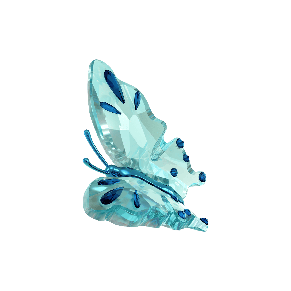 A Swarovski Idyllia Butterfly, Turquoise sculpture featuring translucent blue glass with dark blue accents on its wings, displayed on a plain white background.