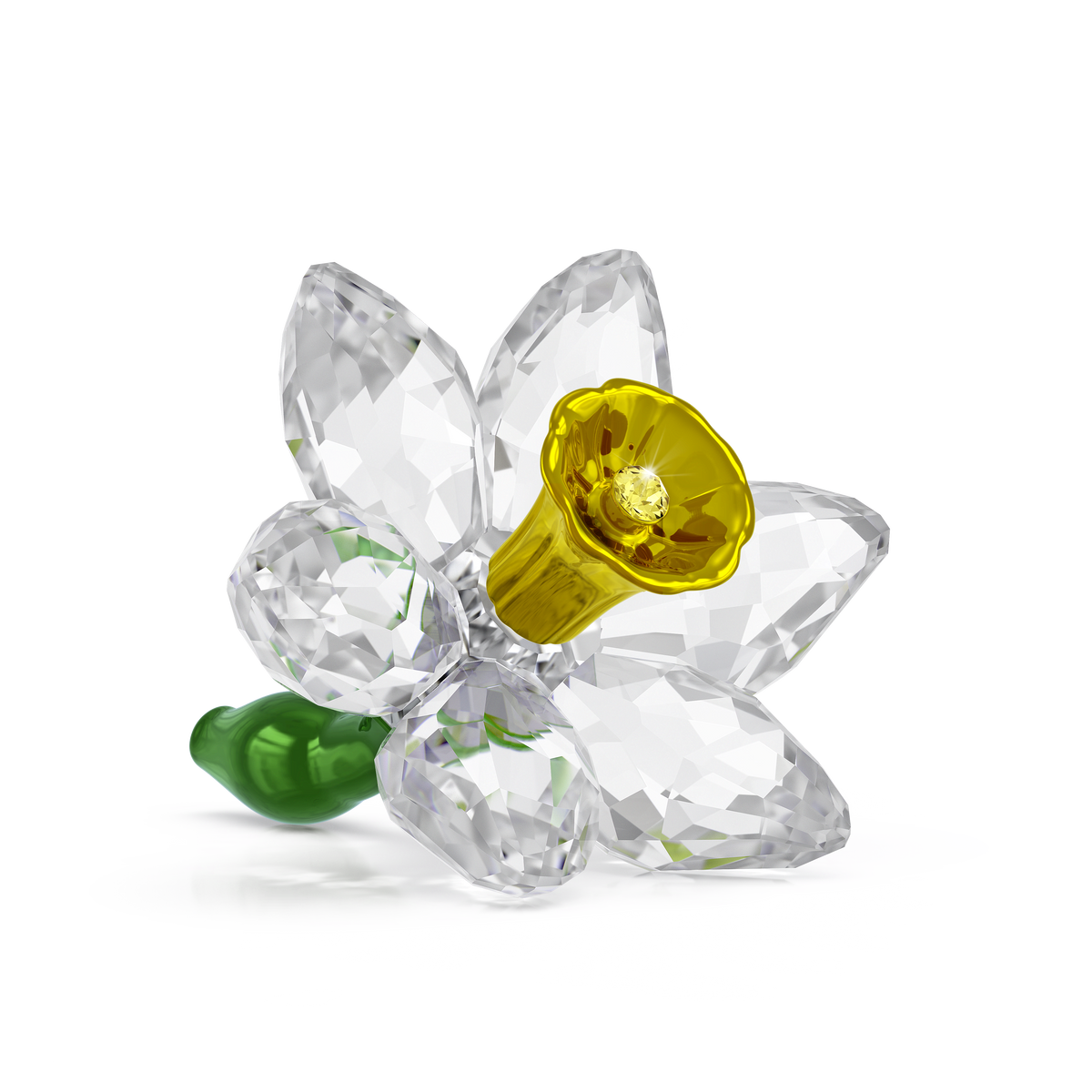 The Swarovski Florere Daffodil by Swarovski features clear crystal petals, a vibrant yellow center, and a small green leaf. This elegant flower figurine is an exquisite piece of daffodil décor and makes a perfect springtime decoration. Displayed against a plain white background, its delicate craftsmanship beautifully captures the essence of the season.