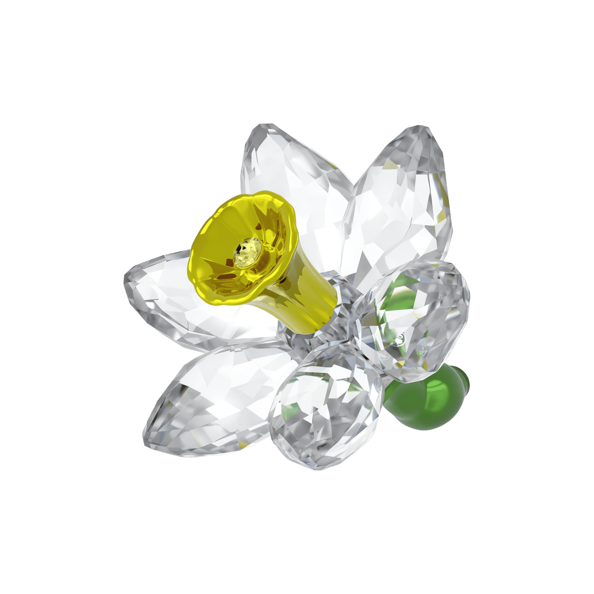 The Swarovski Florere Daffodil by Swarovski features clear crystal petals, a yellow center, and two small green leaves, beautifully displayed on a white background—perfect as a springtime accent or delicate daffodil décor for any space.