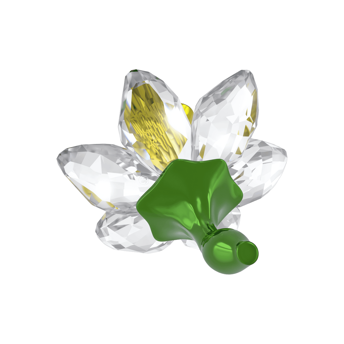 The Swarovski Florere Daffodil by Swarovski features clear, faceted crystal petals with yellow inner accents inspired by daffodils and a glossy green base, making it a striking spring decoration presented on a white background.