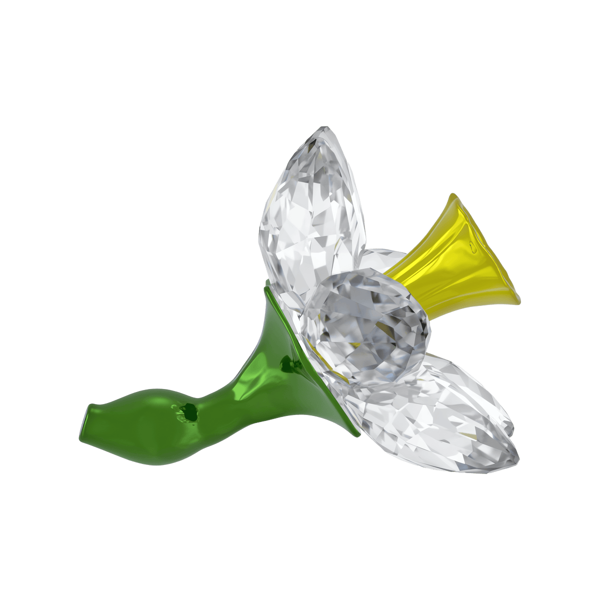 The Swarovski Florere Daffodil by Swarovski is displayed on a white background, featuring clear crystal petals, a yellow trumpet-shaped center, and a green stem—making it a stunning choice for daffodil décor or an elegant spring decoration.