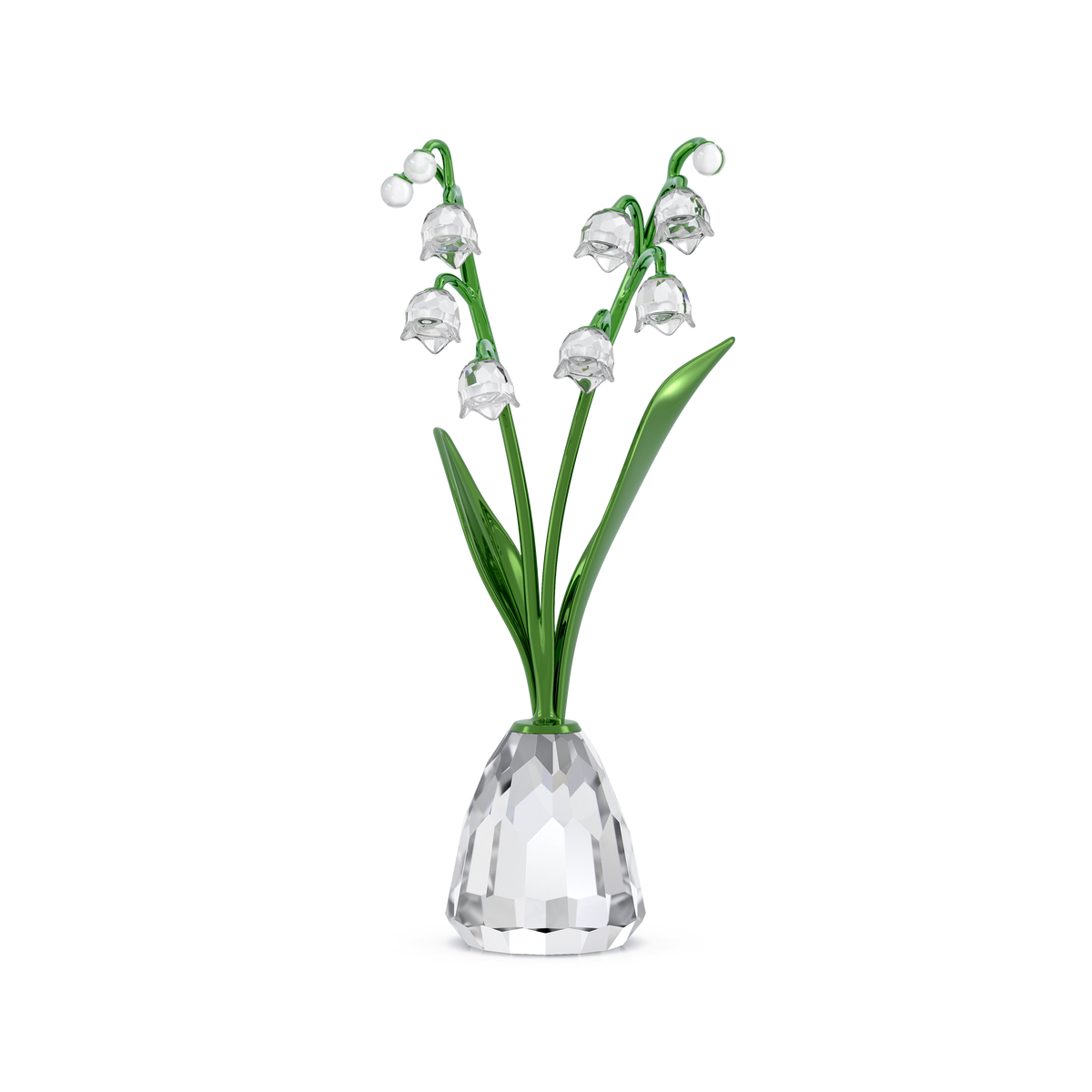 The Swarovski Florere Lily of the Valley by Swarovski is a crystal figurine featuring green stems and leaves, transparent bell-shaped blossoms, and a faceted clear base. Set against a plain white background, this elegant décor piece beautifully captures the delicate charm of Lily of the Valley in sparkling detail.