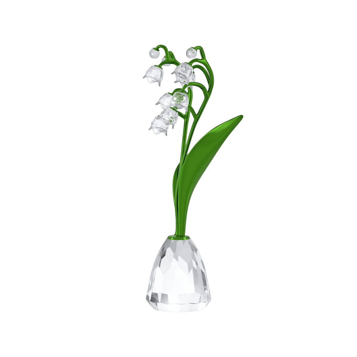 The Swarovski Florere Lily of the Valley by Swarovski features delicate transparent blossoms and green stems and leaves, artfully arranged on a faceted clear crystal base. Displayed on a plain light background, this crystal sculpture is a stunning décor piece for any space.