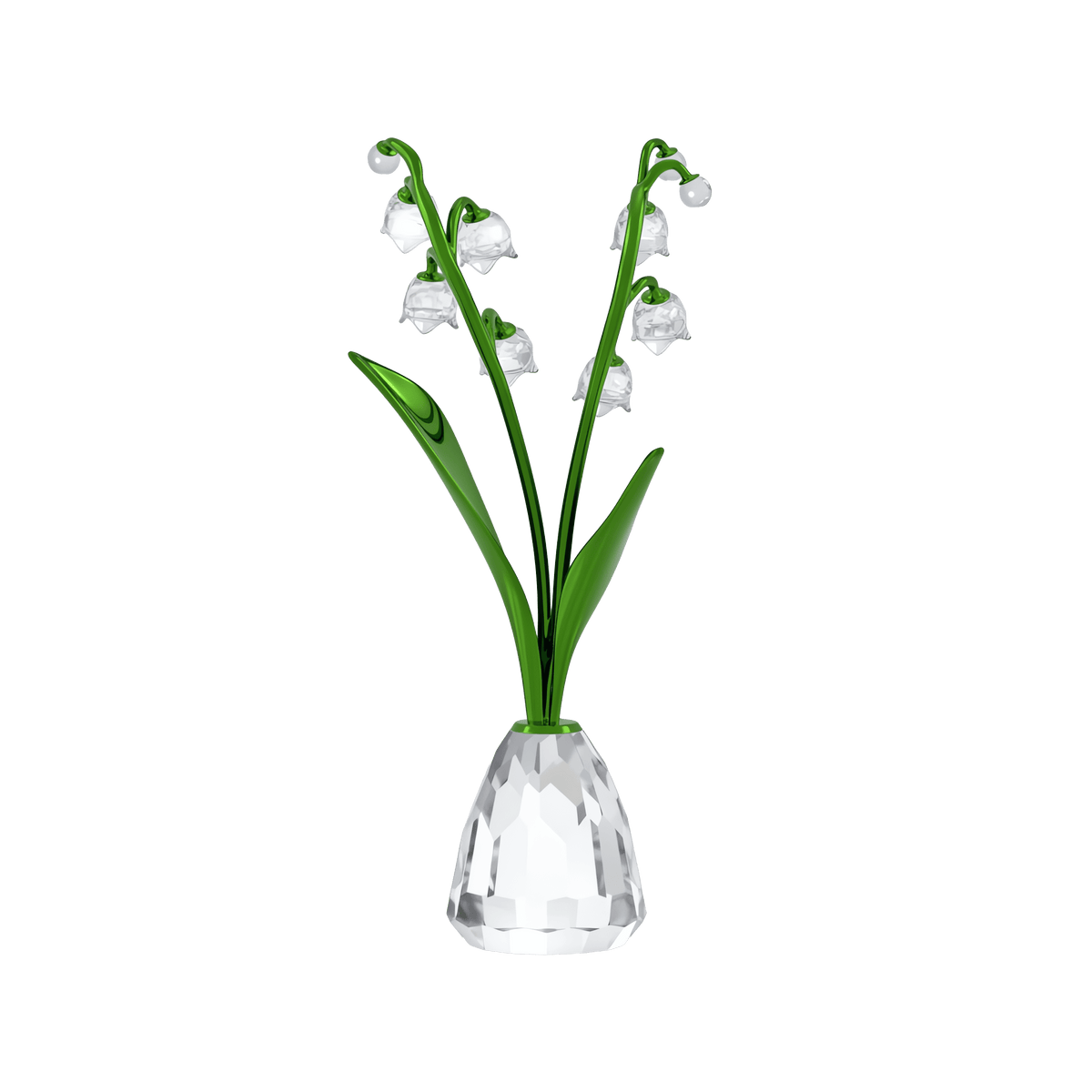 The Swarovski Florere Lily of the Valley by Swarovski showcases delicate green stems and transparent blossoms crafted in glass, elegantly arranged in a faceted clear vase. Set against a plain white background, this piece serves as the perfect décor accent for any setting.