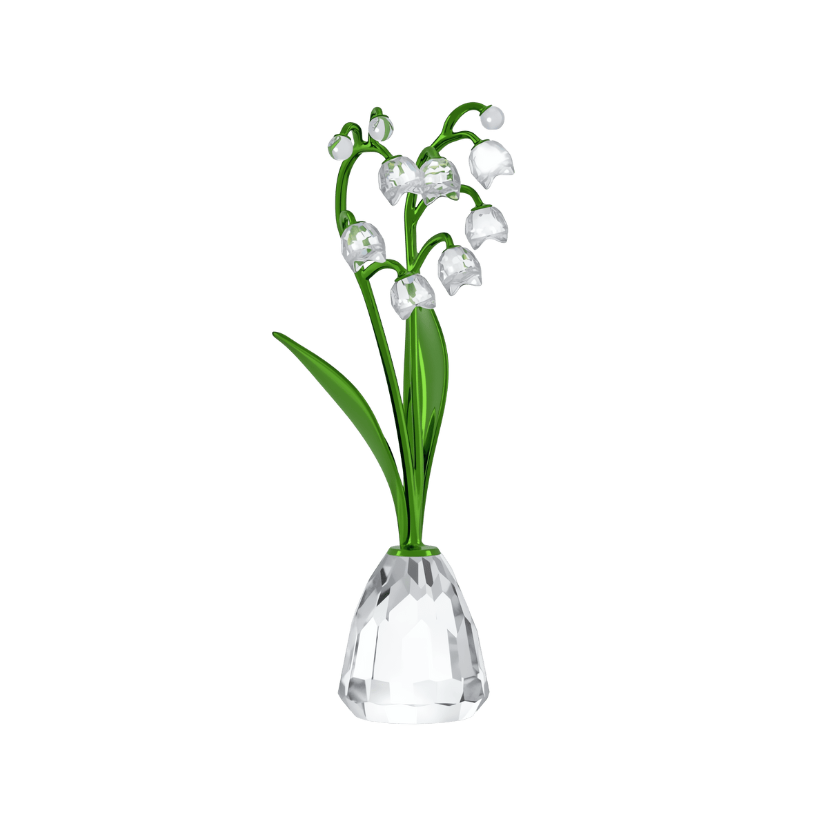The Swarovski Florere Lily of the Valley by Swarovski is a glass sculpture featuring green stems and transparent blossoms shaped like delicate white bells, beautifully displayed in a faceted clear glass vase on a plain white background—an exquisite décor piece for any elegant setting.