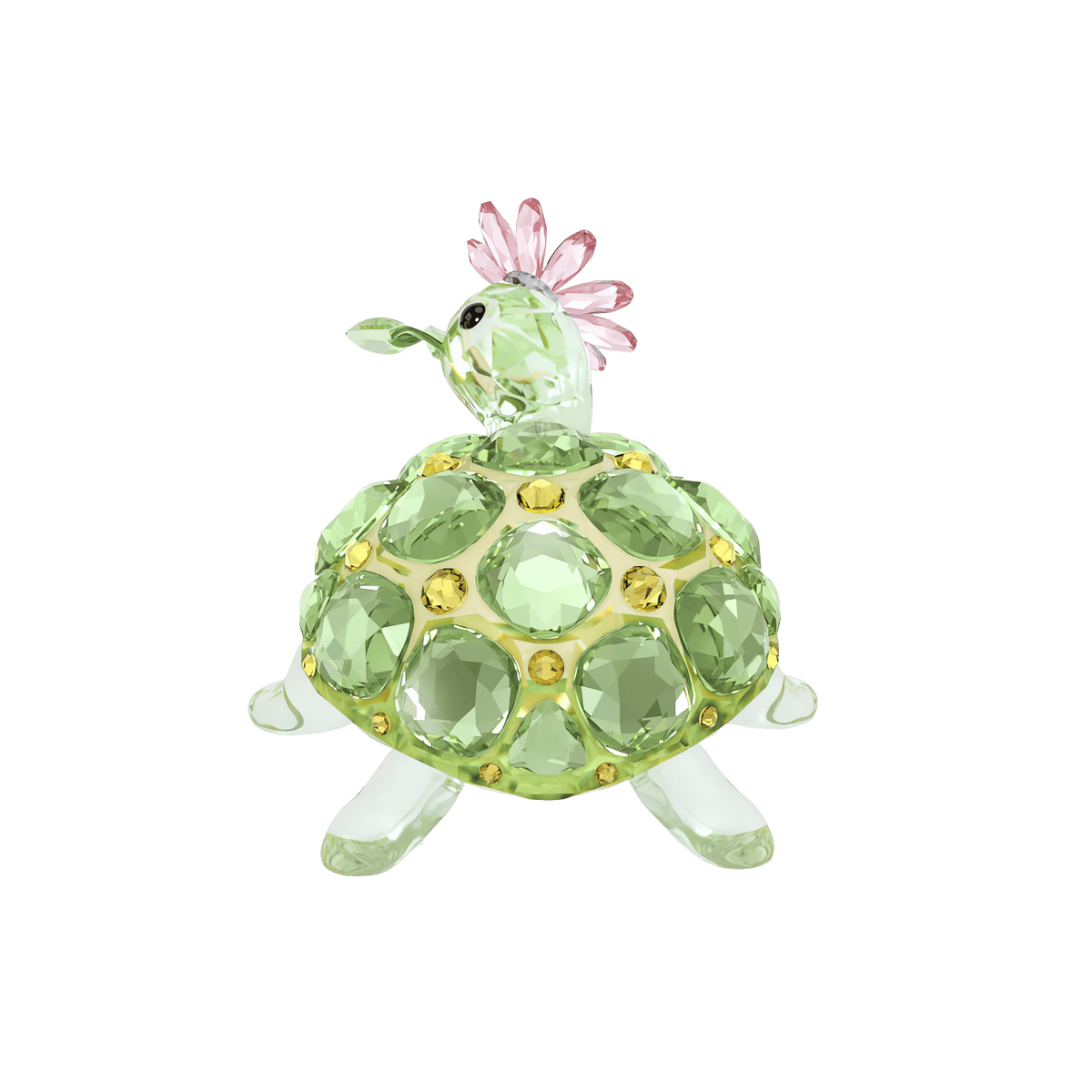 Introducing the Swarovski Idyllia Tortoise and Daisy by Swarovski, a decorative tortoise sculpture crafted with green and yellow gemstone-like glass facets and adorned with a pink crystal crest on its head, beautifully displayed against a plain white background.