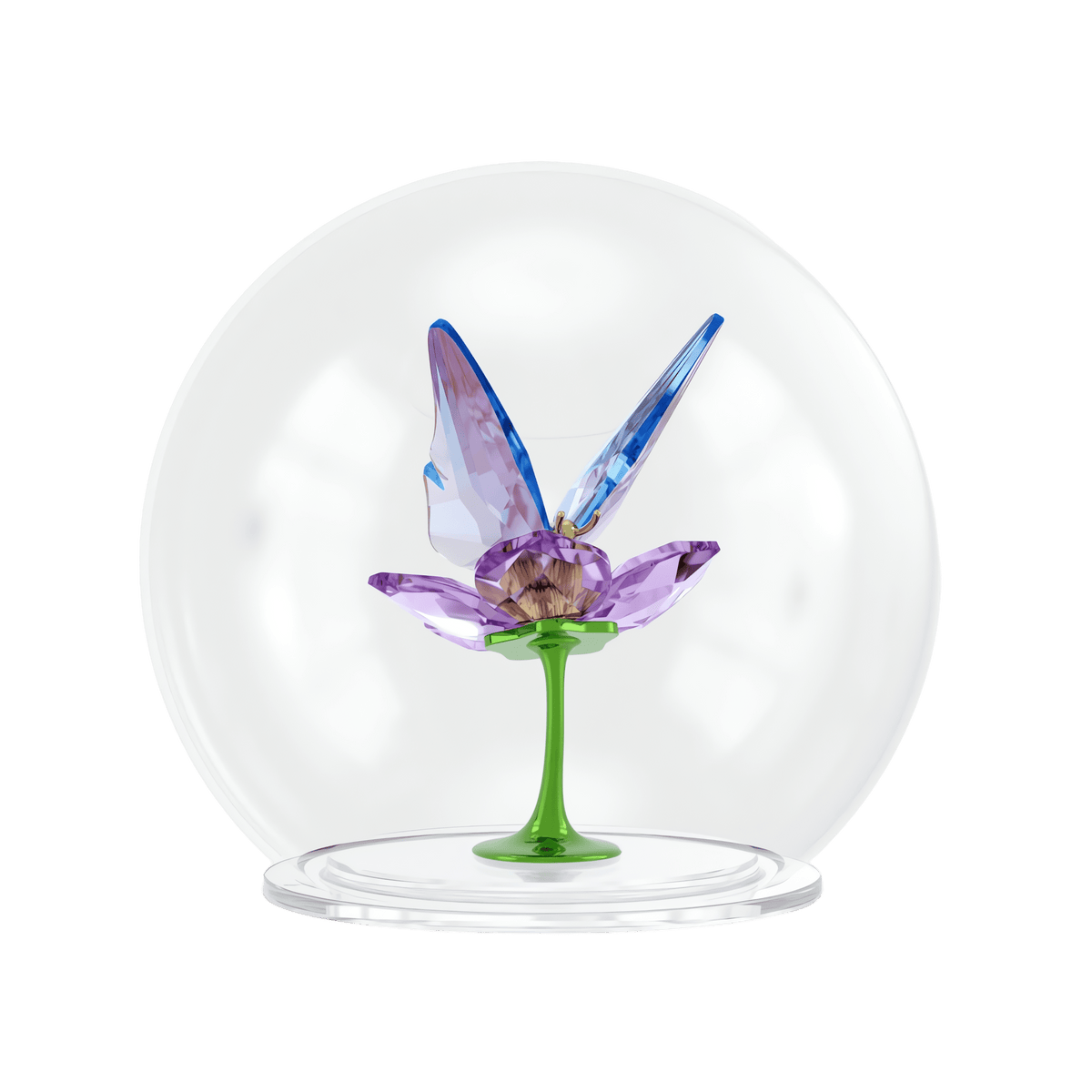 The Swarovski Idyllia Glass Ball Butterfly and Flower by Swarovski showcases a delicate glass sculpture of a butterfly perched on a purple flower with a green stem, all encased in a clear glass dome and set against a plain white background—making this piece an exquisite collectible decoration.