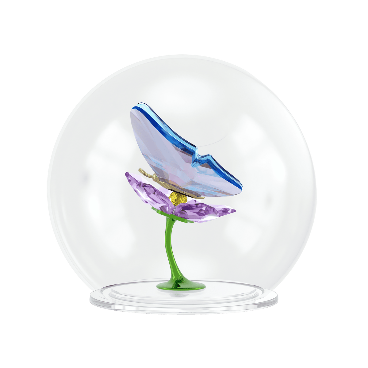 The Swarovski Idyllia Glass Ball Butterfly and Flower by Swarovski showcases a delicate purple glass flower with a sparkling butterfly perched on it, all encased in a transparent glass dome atop a round base, creating an elegant collectible decoration against a plain white background.