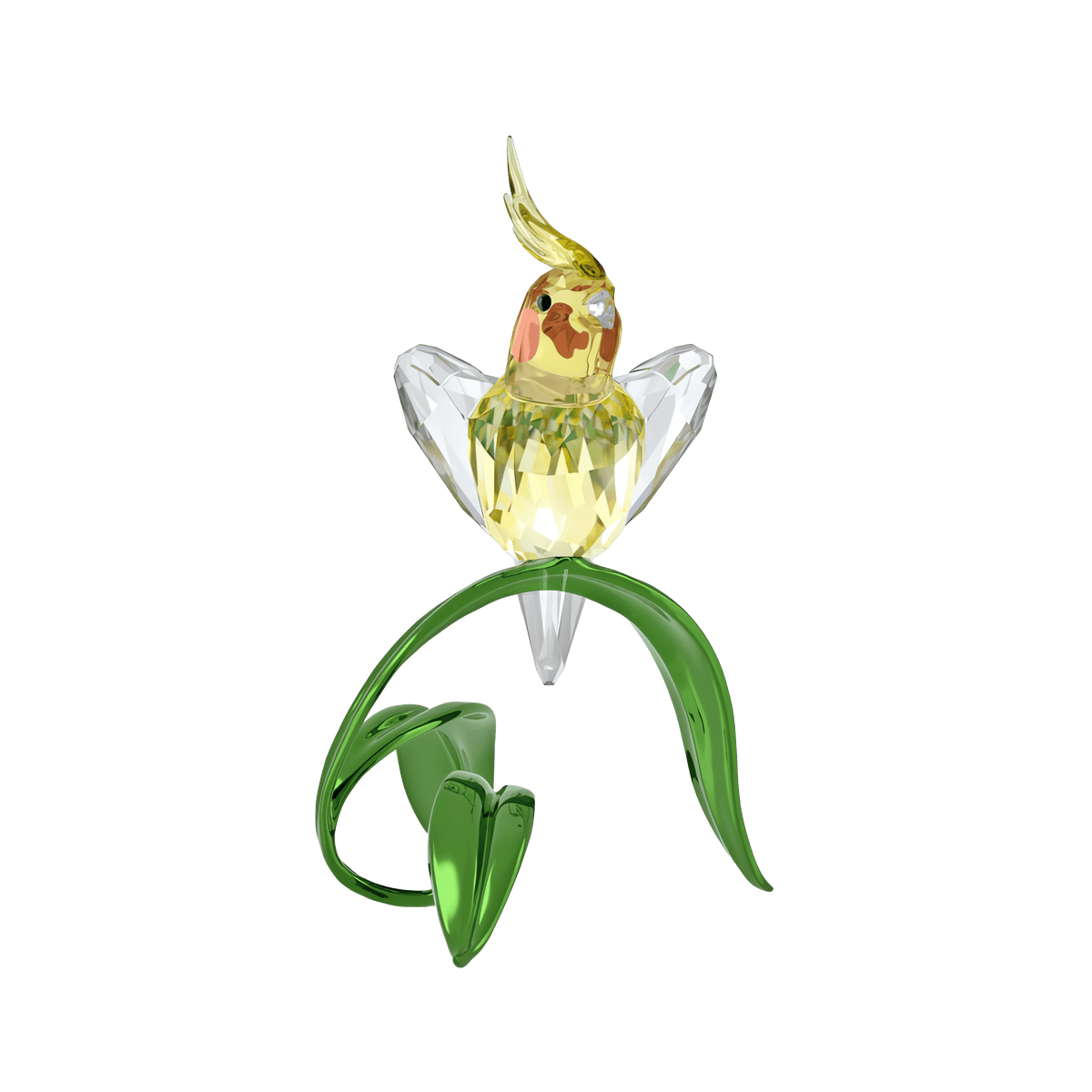 The Swarovski Idyllia Cockatiel by Swarovski is a faceted glass sculpture featuring a yellow and orange cockatiel figurine perched on an abstract green leaf, set against a plain white background.