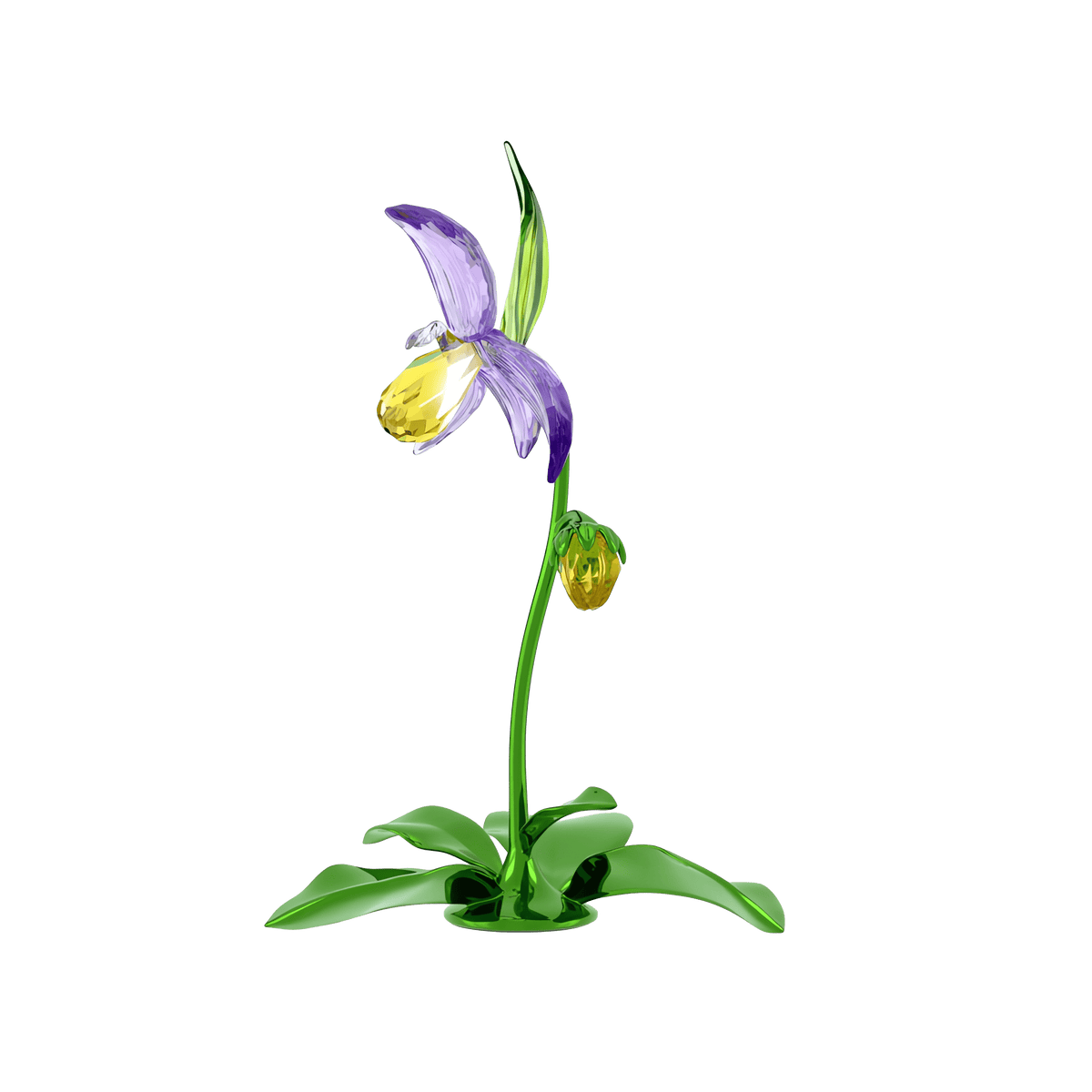 The Swarovski Florere Lady Slipper Orchid by Swarovski is a delicate glass sculpture featuring purple and yellow petals with green leaves and stem, set against a plain white background to perfectly capture the beauty of this decorative flower.