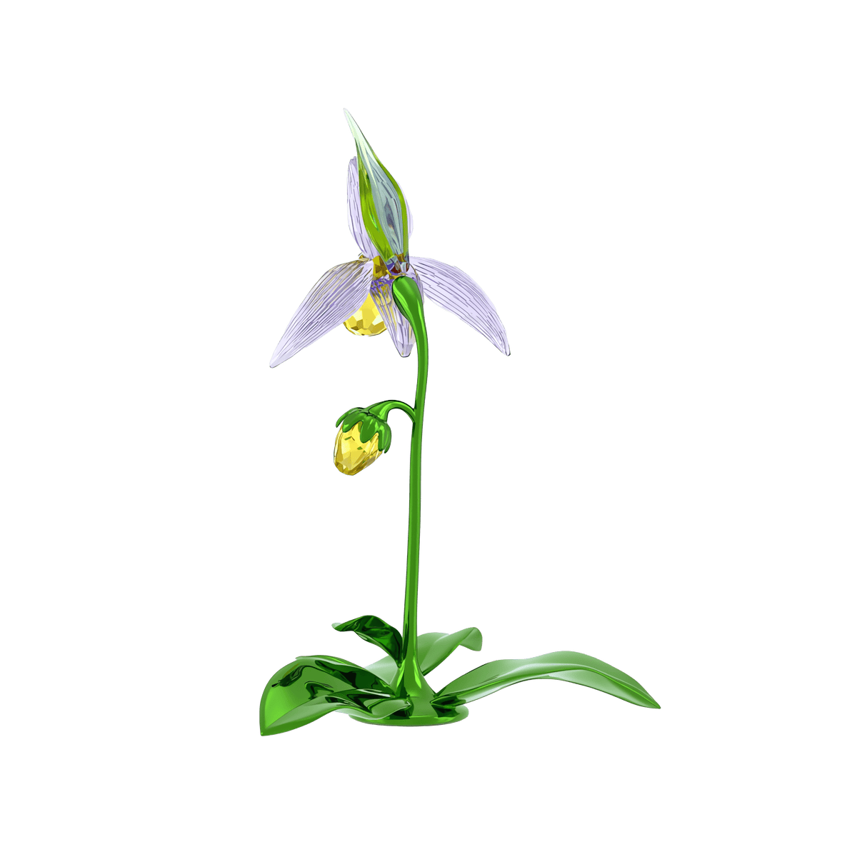 Featuring the Swarovski Florere Lady Slipper Orchid by Swarovski, this piece captures a stylized, glossy green plant with wide leaves, a tall stem, and two translucent purple and yellow flowers reminiscent of a crystallized orchid, set against a plain white background.
