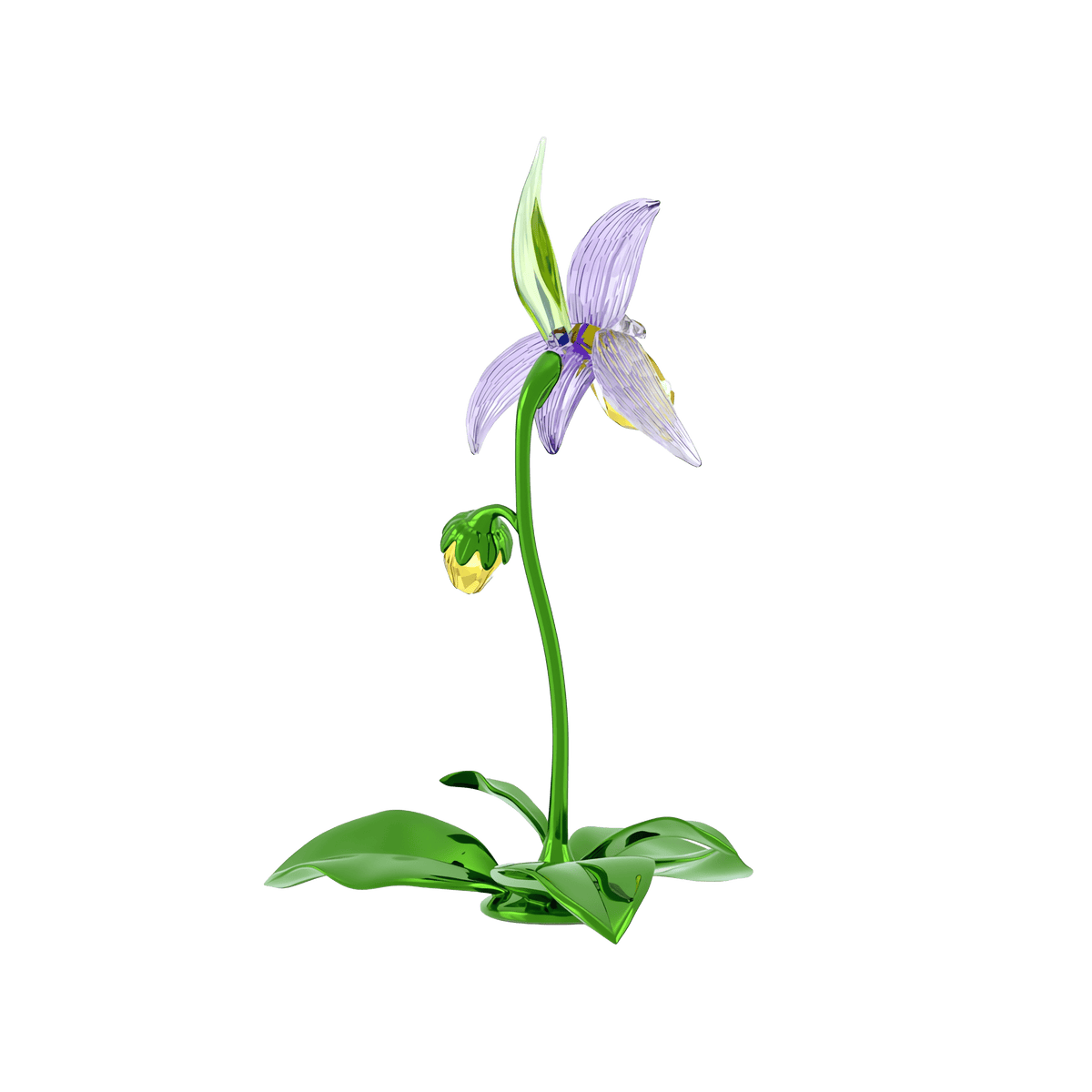 The Swarovski Florere Lady Slipper Orchid by Swarovski is a delicate, glass-like sculpture showcasing a stunning purple flower with green leaves and stem, a yellow bud, and a single blooming petal—all beautifully set against a plain white background—making this piece an exquisite decorative object.